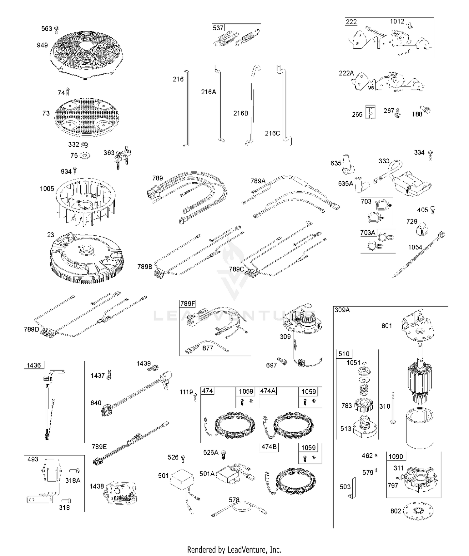 FLYWHEEL, CONTROLS, WIRE HARNESS, ALTERNATOR, STARTER 6