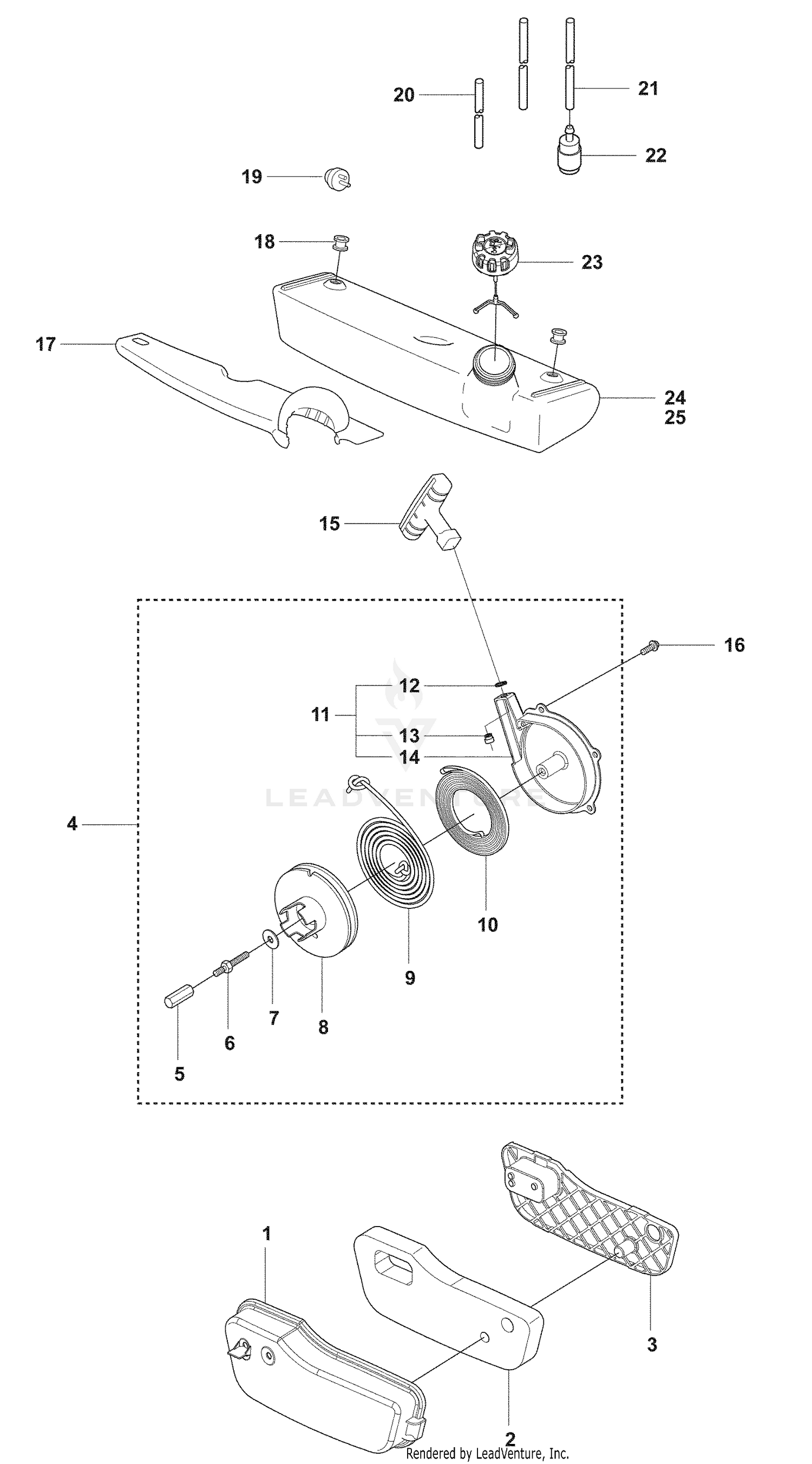 Fuel Tank, Starter Pulley, Springs and Air Filter