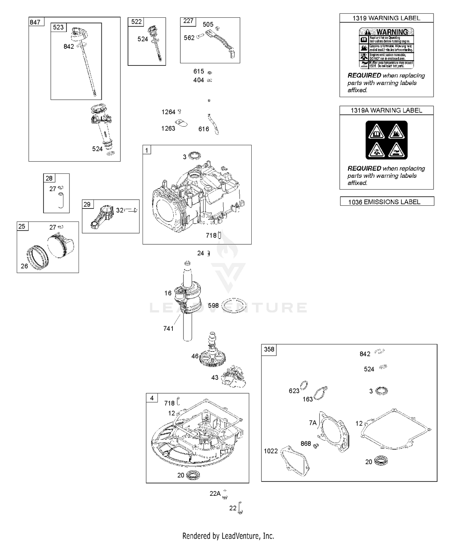 CAMSHAFT, CRANKSHAFT, CYLINDER, GASKET SET, PISTON/RINGS/CONNECTING ROD, SUMP, WARNING LABEL 5