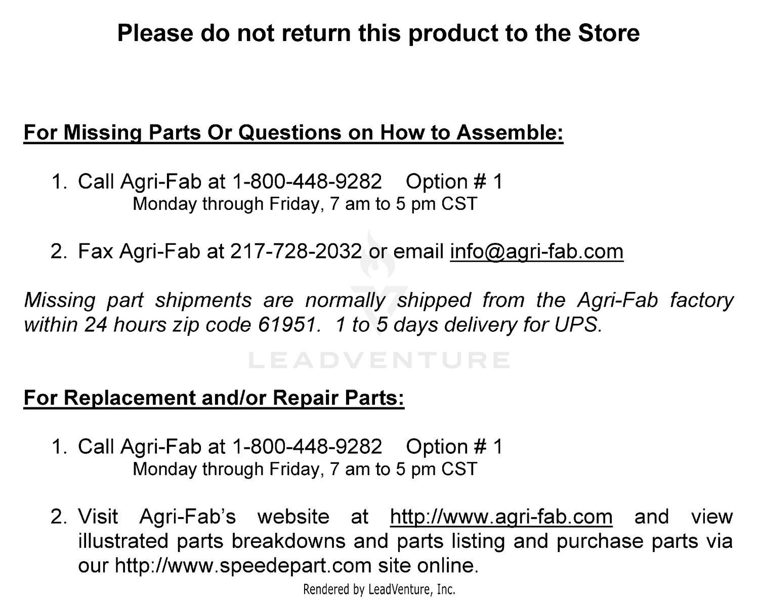Agri - Fab Parts Information