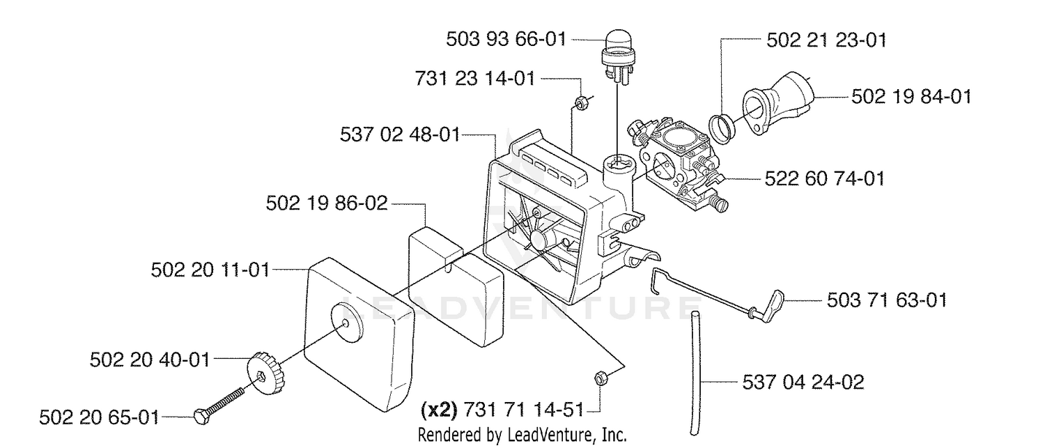 Muffler, Starter, Crankcase and Intake/Air Filter/Carb