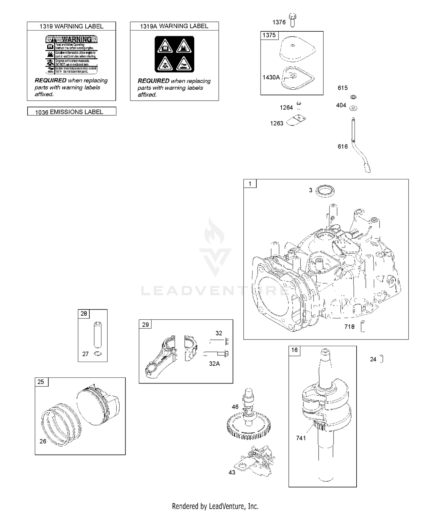 CAMSHAFT, CRANKSHAFT, CYLINDER, PISTON/RINGS/CONNECTING ROD, WARNING LABEL