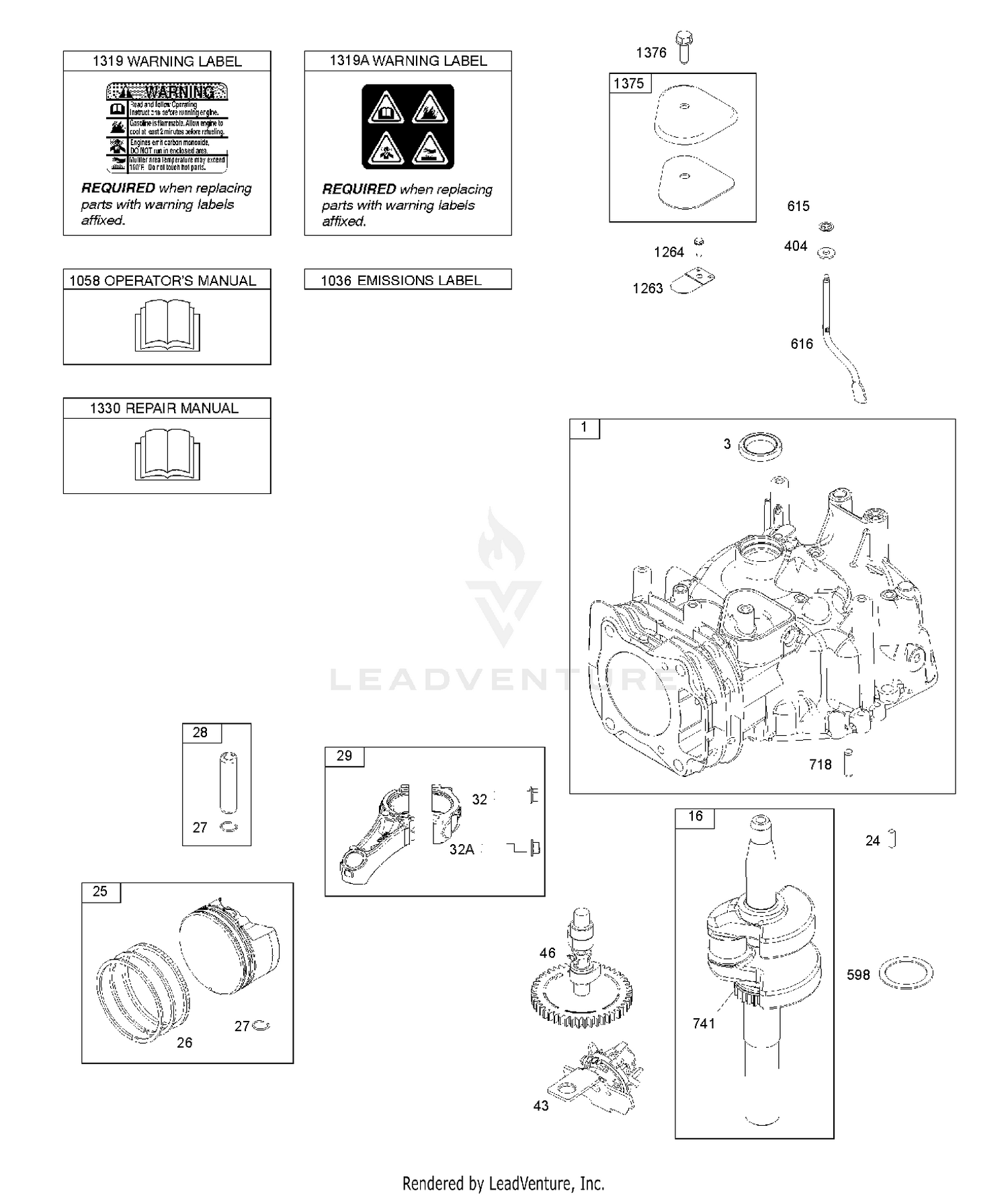 CAMSHAFT, CRANKSHAFT, CYLINDER, OPERATOR'S MANUAL, PISTON/RINGS/CONNECTING ROD, WARNING LABEL 5