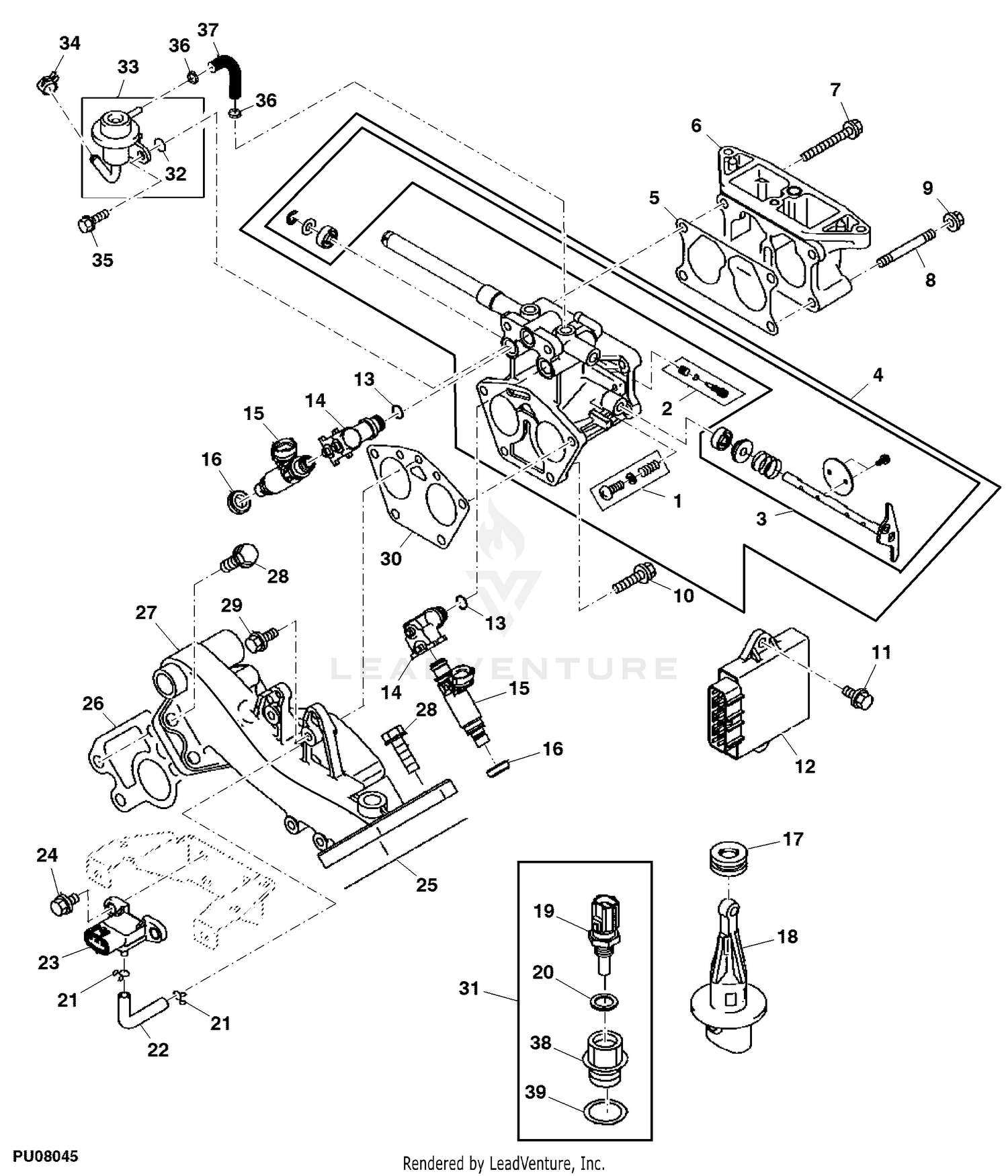 John Deere Fuel and Air Intake Manifold, Fuel Injector And 