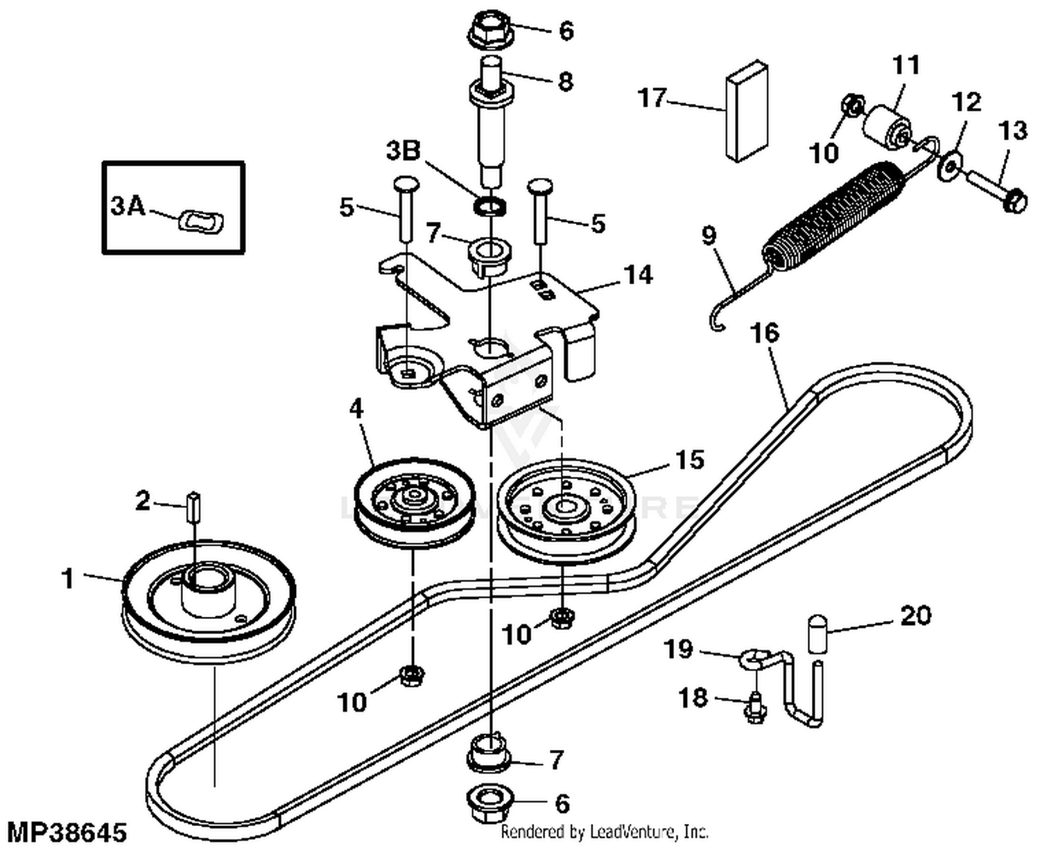 John Deere Power Flow Blower Assembly (54C Mower) -PC9146 Jacksheave,Idlers  & Belt,62C: Three-Bag Powerflow Material Collection