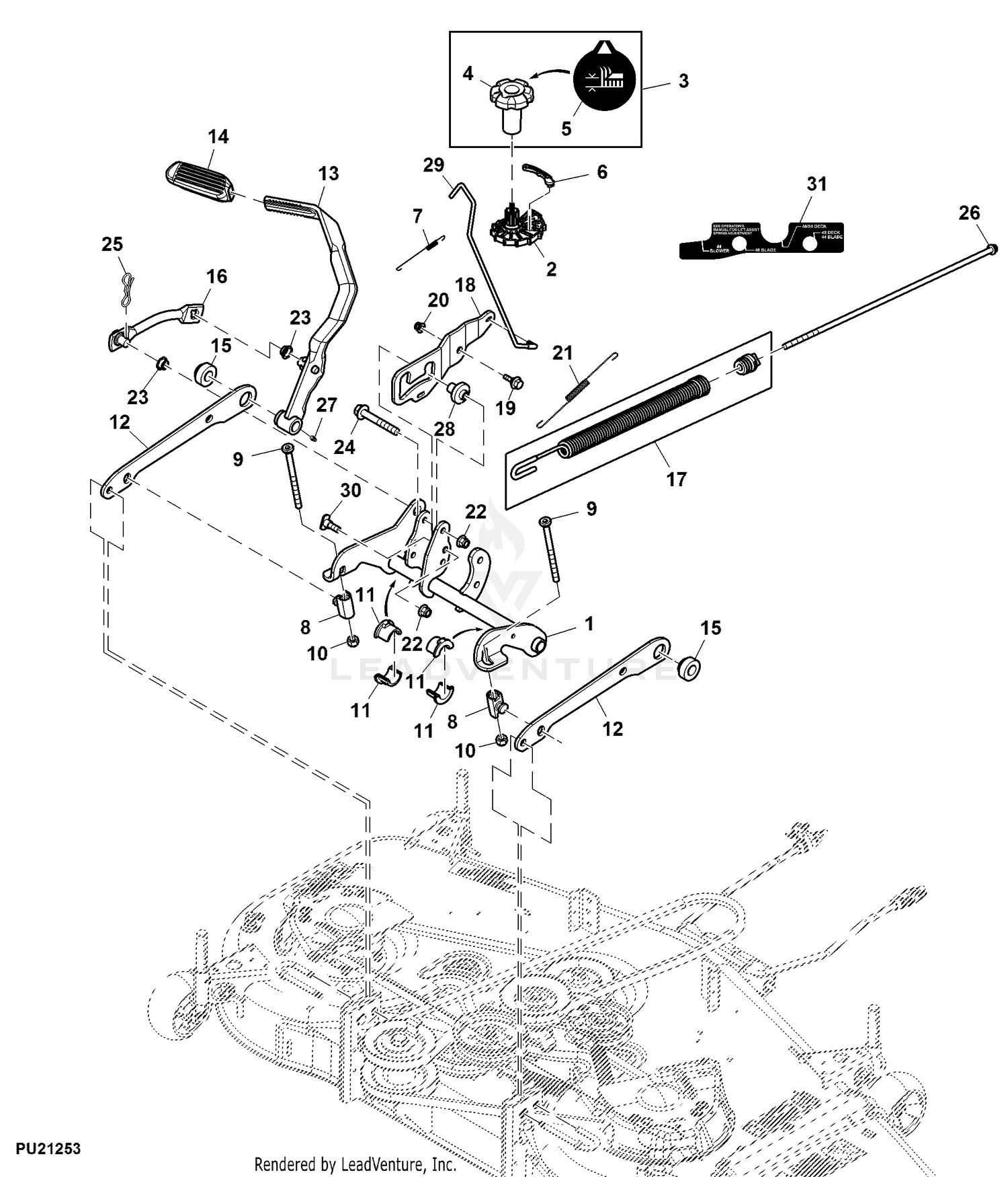 John Deere Power Flow Blower Assembly (62C Mower) -PC9146 Jacksheave,Idlers  & Belt,54 inch: Three-Bag Powerflow Material Collection