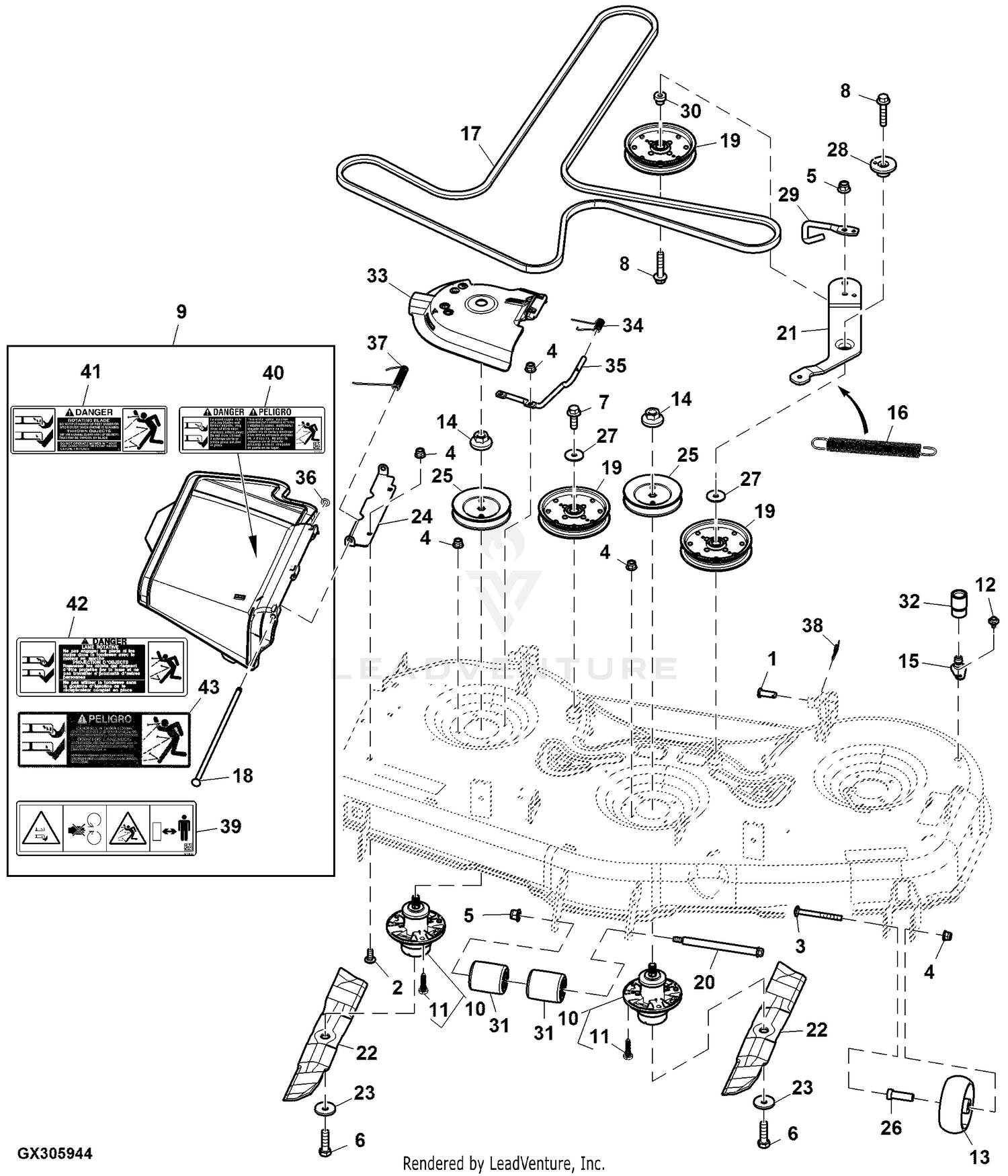 John Deere Mower Deck and Lift Linkage Mower Drive Belt Sheaves Spindles and Blades Accel Deepa 54 inch