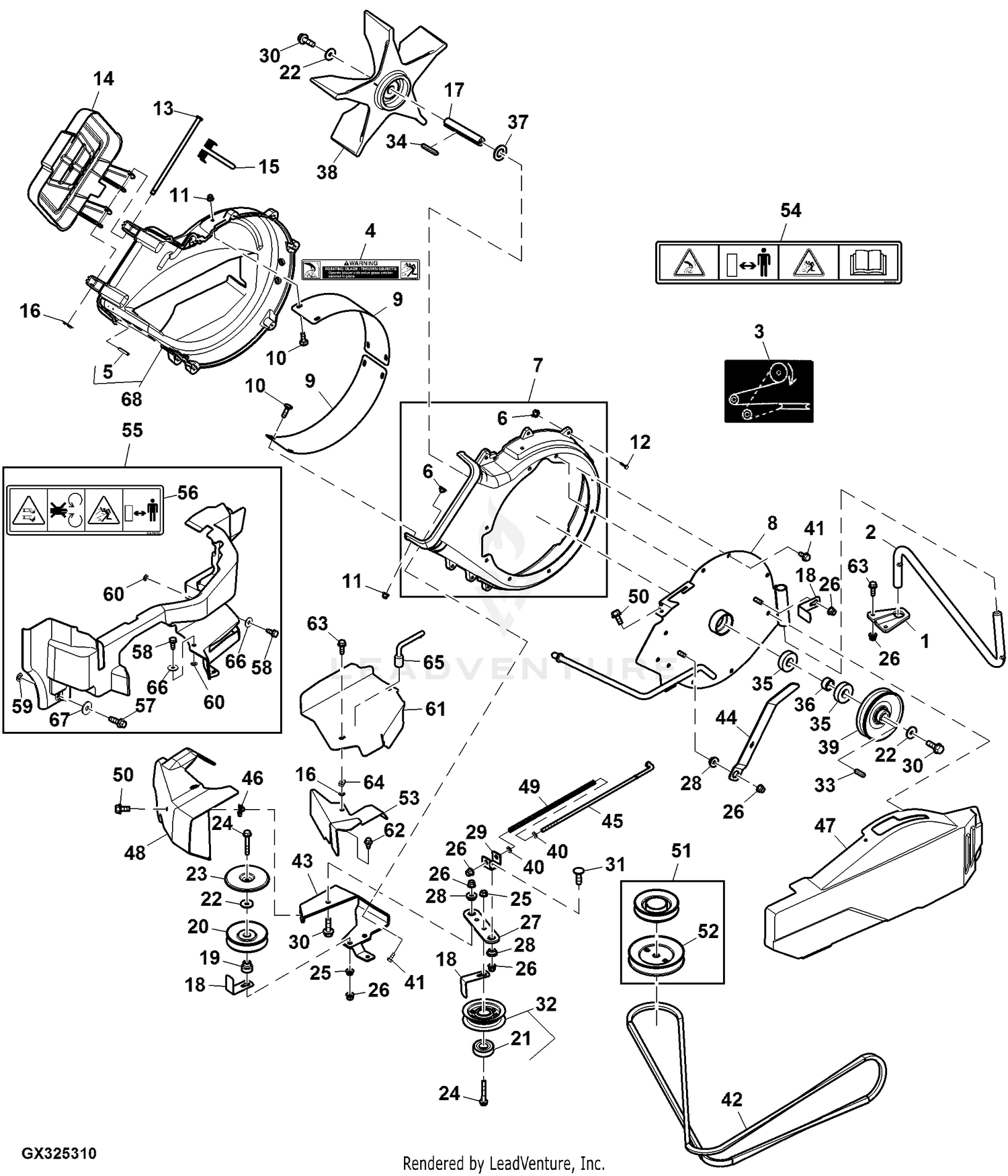 John Deere Power Flow Blower Assembly (62C Mower) -PC9146 Jacksheave,Idlers  & Belt,54 inch: Three-Bag Powerflow Material Collection