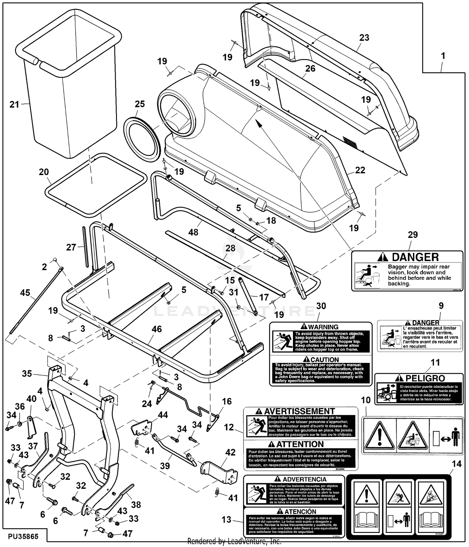 John Deere Power Flow Blower Assembly (54C Mower) -PC9146 Jacksheave,Idlers  & Belt,62C: Three-Bag Powerflow Material Collection