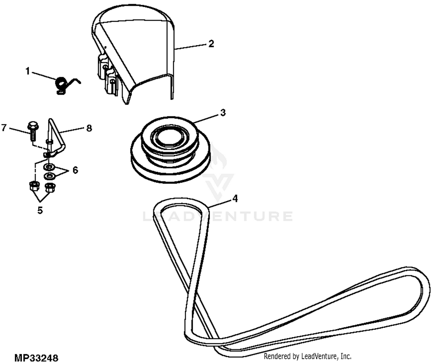 John Deere Power Flow Blower Assembly (54C Mower) -PC9146 Jacksheave,Idlers  & Belt,62C: Three-Bag Powerflow Material Collection