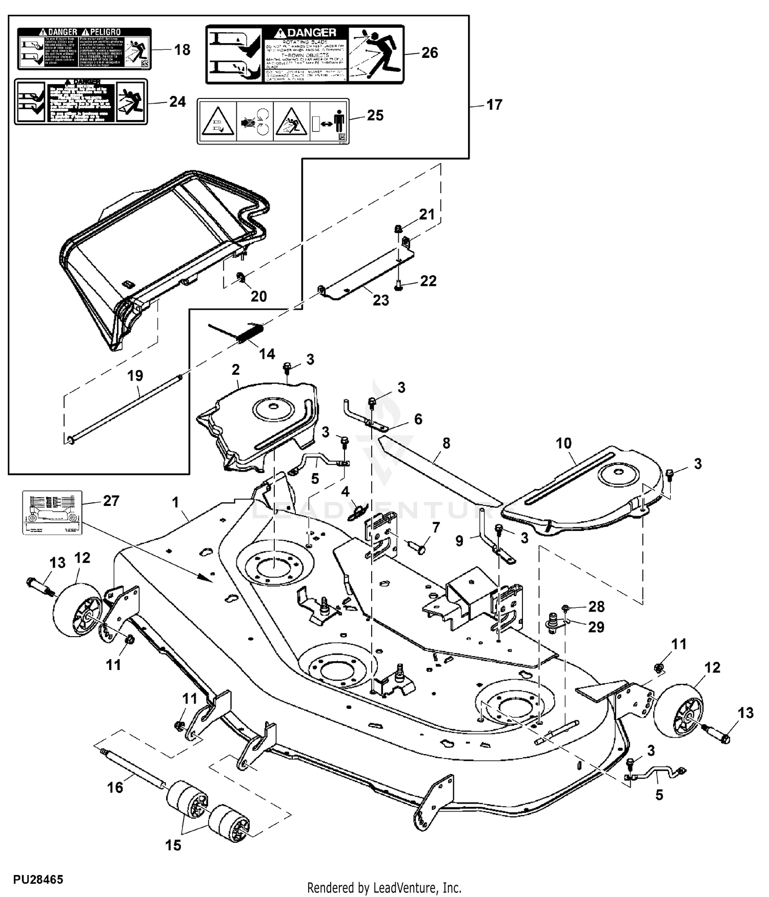 John Deere Power Flow Blower Assembly (62C Mower) -PC9146 Jacksheave,Idlers  & Belt,54 inch: Three-Bag Powerflow Material Collection