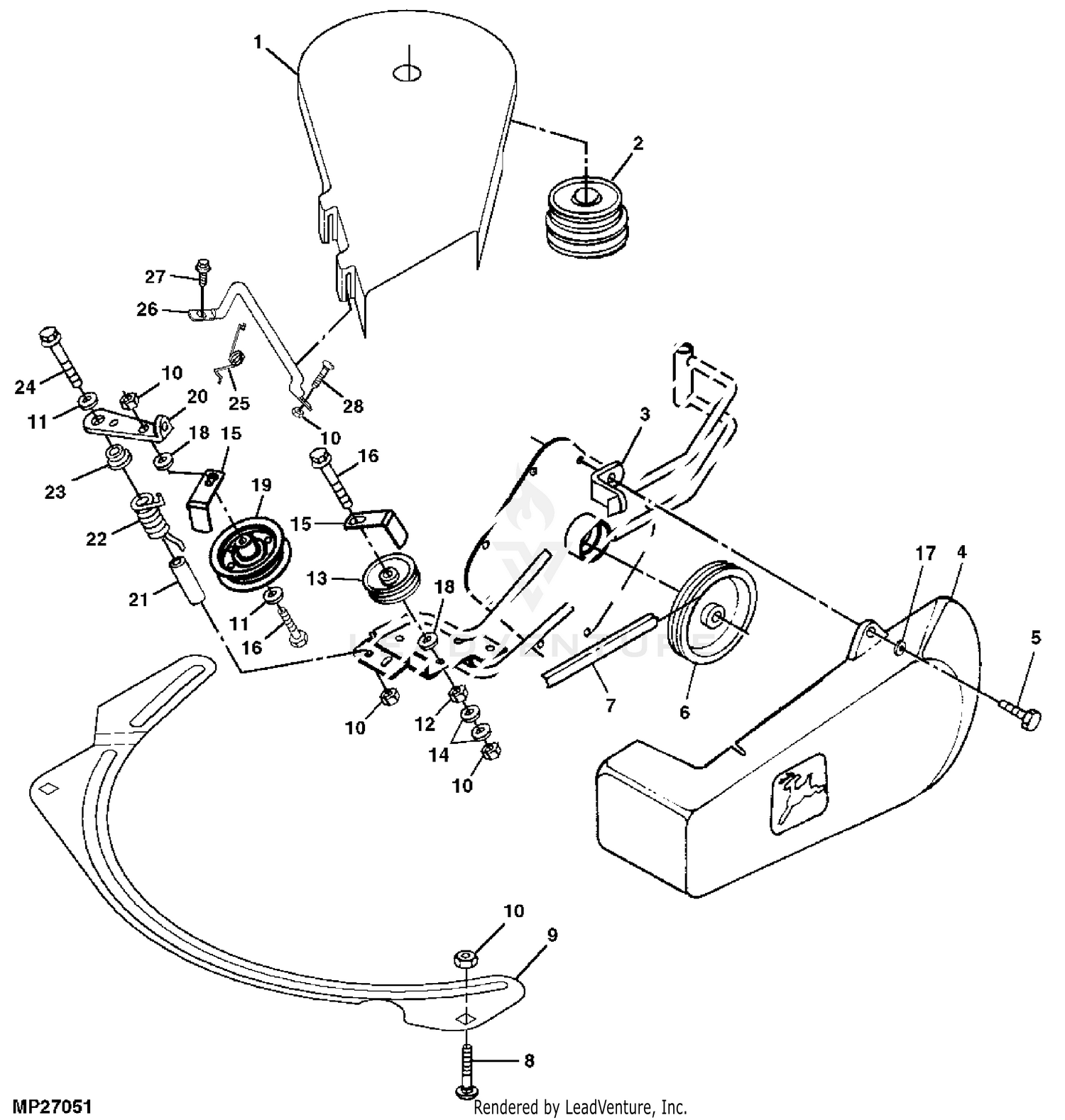 John Deere Power Flow Material Collection System (60-IN Mower Deck) -PC2111  JACKSHEAVE,IDLERS & BELT: POWER FLOW BLOWER ASSEMBLY 38 MOWER