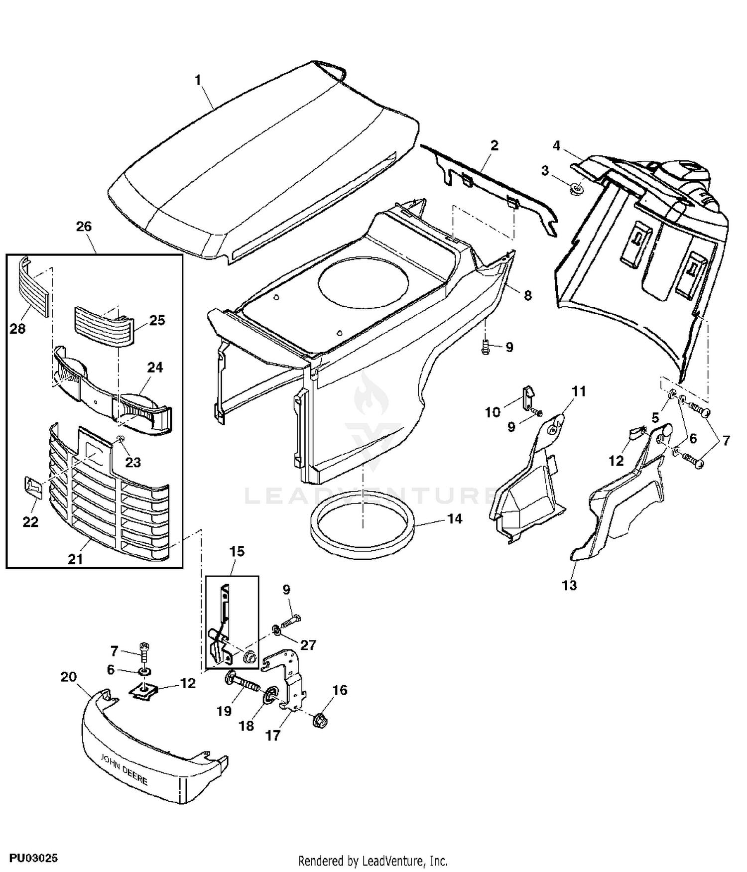 John Deere GX255 Garden Tractor (With 48-IN Mower Deck) -PC9331 HOOD \u0026  GRILLE: WHEELS,FRAME AND OPERATOR'S STATION, image size:1500x1751