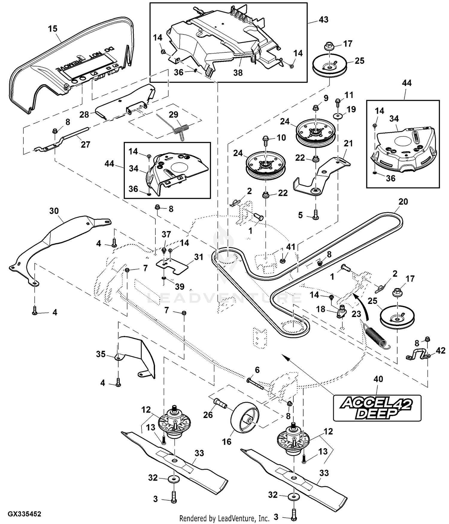 John Deere Z335E ZTrak Mower Z335E ZTrak Mower W 42 inch A Deck PC12788 Mower Drive Belt Sheaves Spindles Blades Accel Deep 42 inch Not for USA Canada Mower Deck