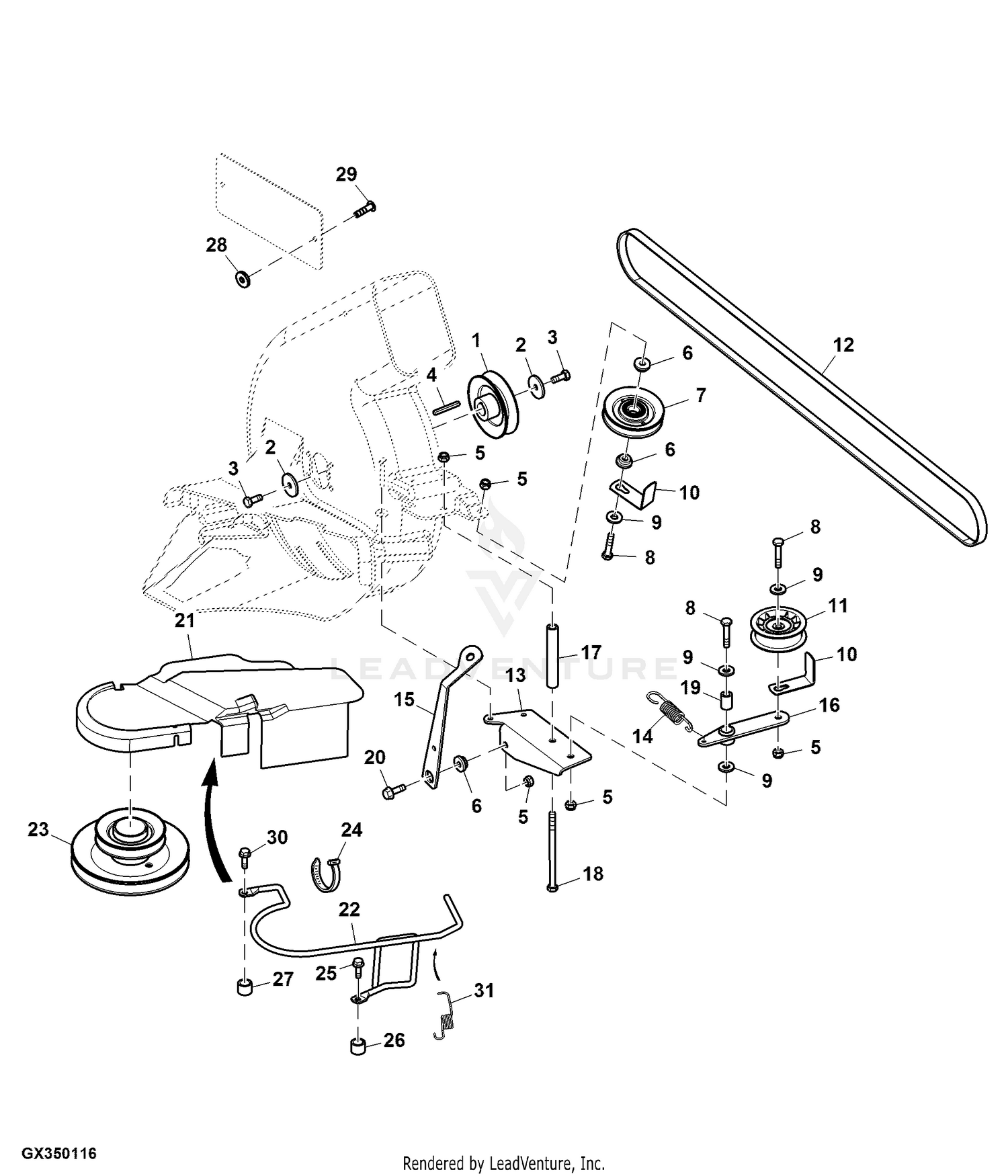 John Deere Power Flow Blower Assembly (48C Mower) -PC9146 Jacksheave,Idlers  & Belt,48C: Two-Bag Powerflow Material Collection System