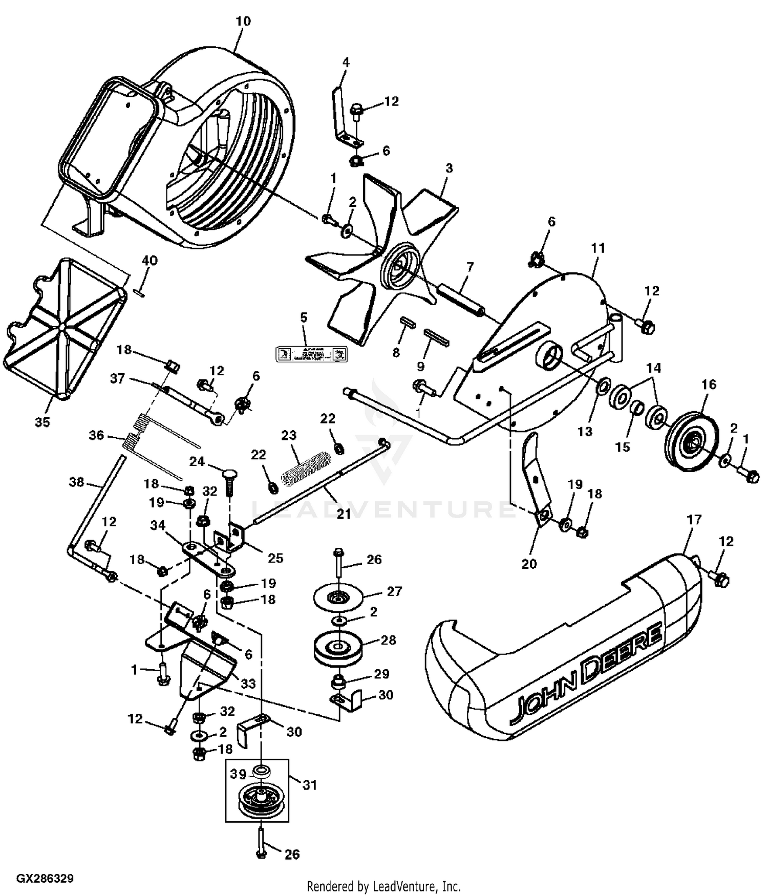 John Deere Power Flow Blower Assembly (54C Mower) -PC9146 Jacksheave,Idlers  & Belt,62C: Three-Bag Powerflow Material Collection