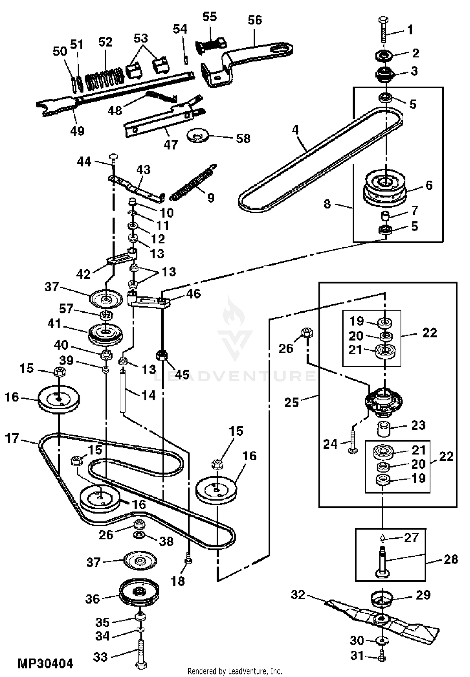 John Deere Power Flow Material Collection System (60-IN Mower Deck) -PC2111  JACKSHEAVE,IDLERS & BELT: POWER FLOW BLOWER ASSEMBLY 38 MOWER