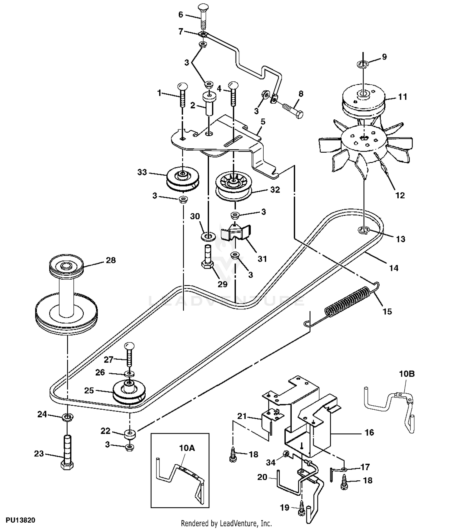 John Deere Power Flow Material Collection System (60-IN Mower Deck) -PC2111  JACKSHEAVE,IDLERS & BELT: POWER FLOW BLOWER ASSEMBLY 38 MOWER