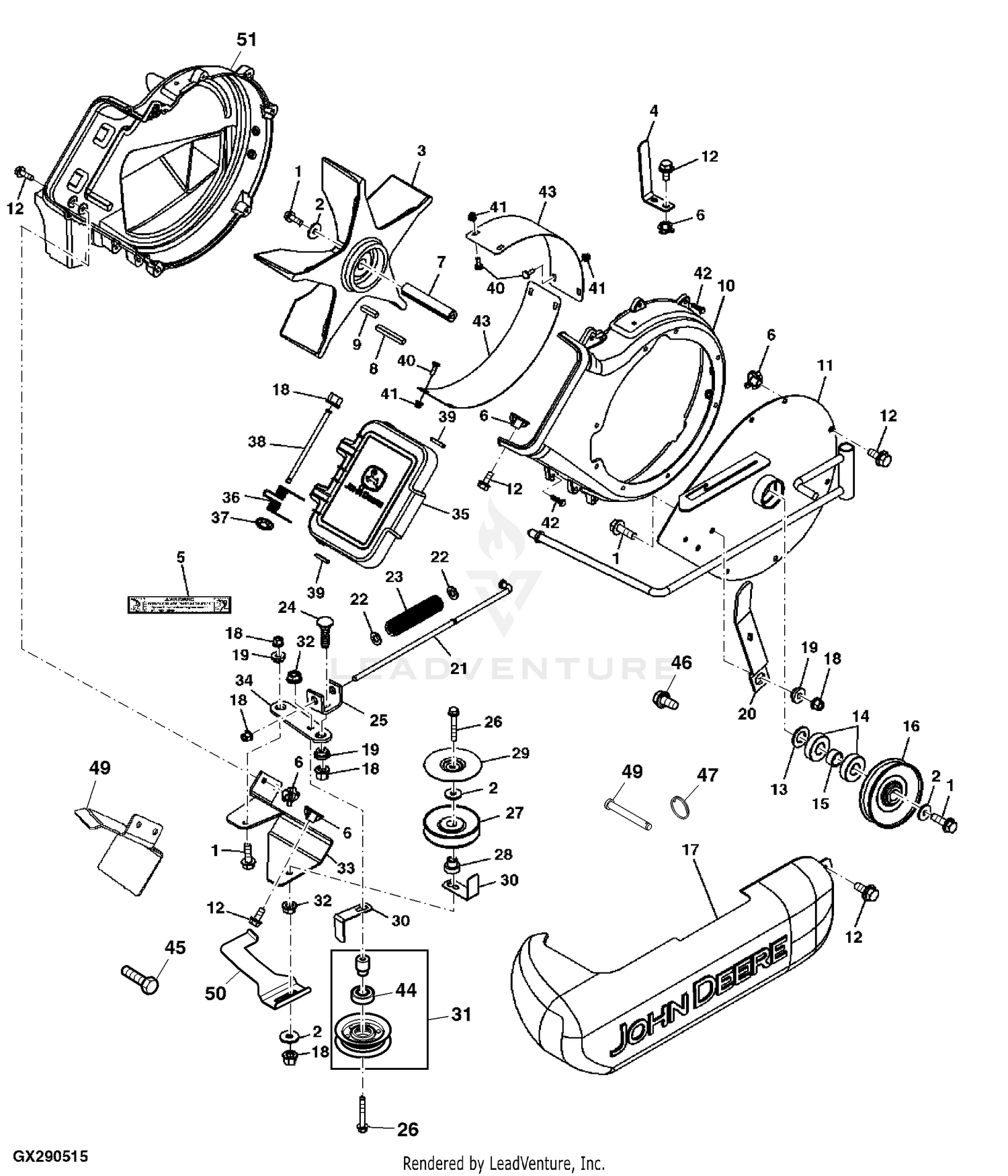 John Deere X534 Tractor Multi Terrain Series 47 Snowblower PC9526 Blower Housing Two Bag Powerflow Material Collection System