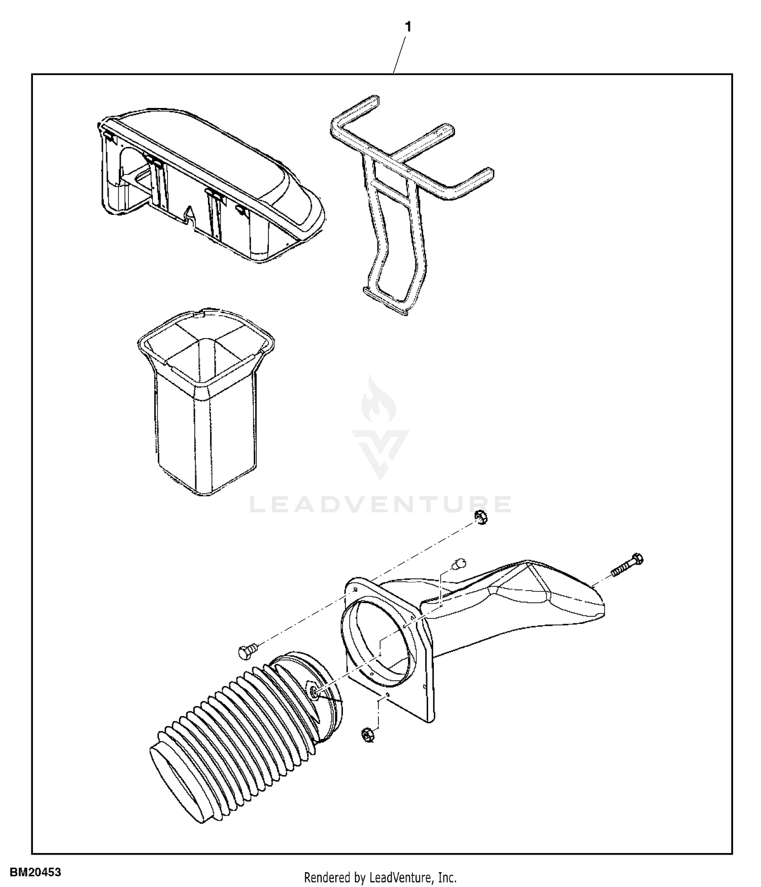 John Deere Power Flow Material Collection System (38-IN STX or LX) -PC2111  BLOWER HOUSING & BRACKETS: POWER FLOW BLOWER ASSEMBLY 46 MOWER