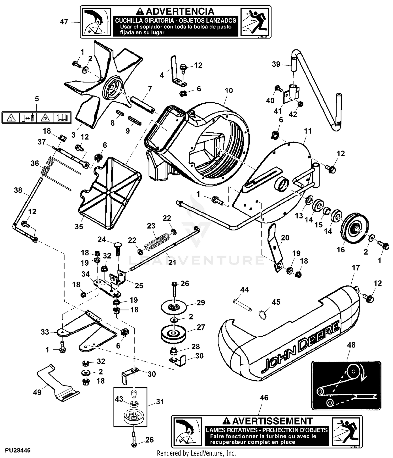 John Deere Power Flow Material Collection System (46-IN Mower Deck) -PC2111  JACKSHEAVE,IDLERS & BRACKETS YELLOW MOWER DECK: POWER FLOW BLOWER ASSEMBLY  46 MOWER