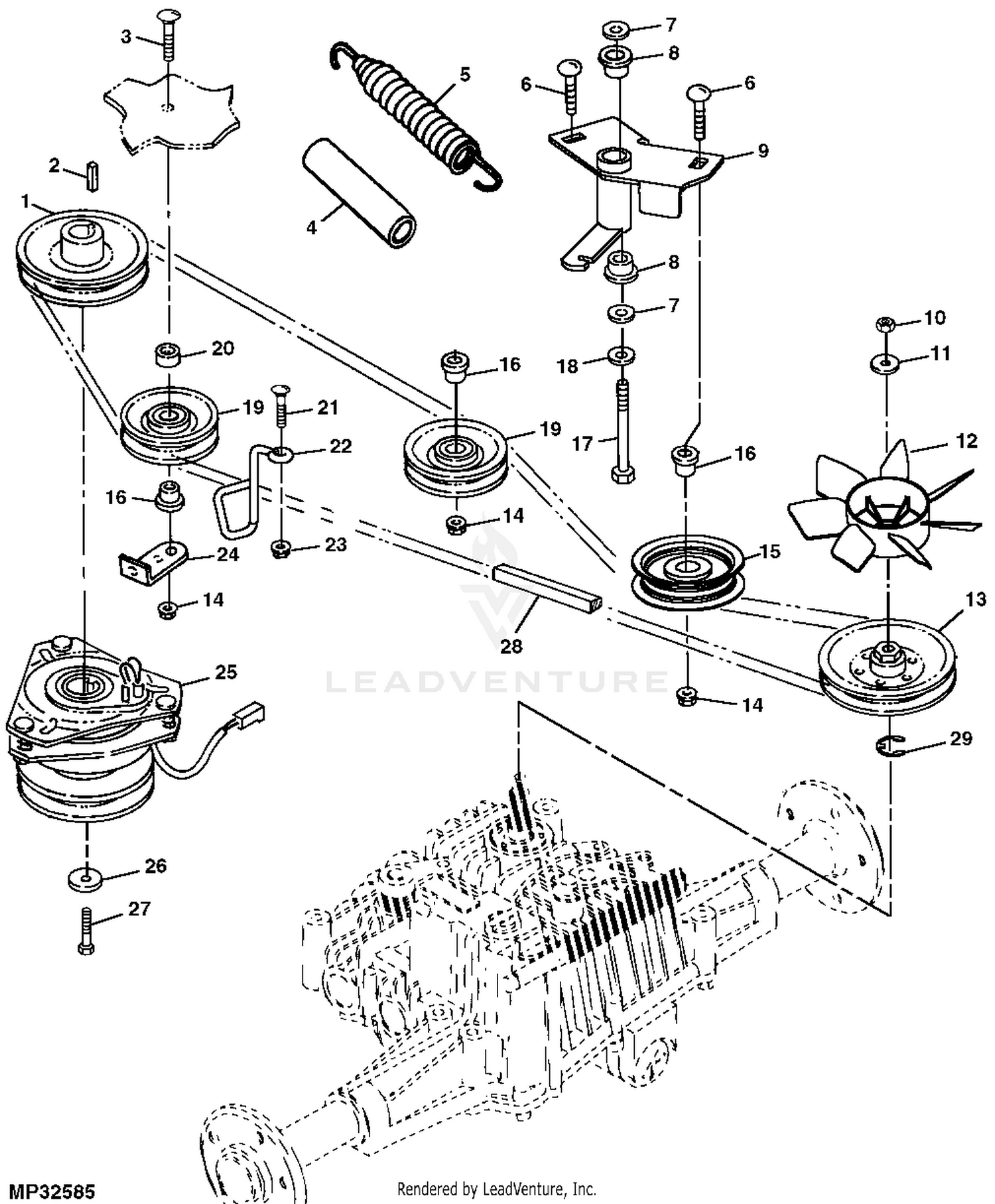 John Deere Power Flow Blower Assembly (48C Mower) -PC9146 Jacksheave,Idlers  & Belt,48C: Two-Bag Powerflow Material Collection System