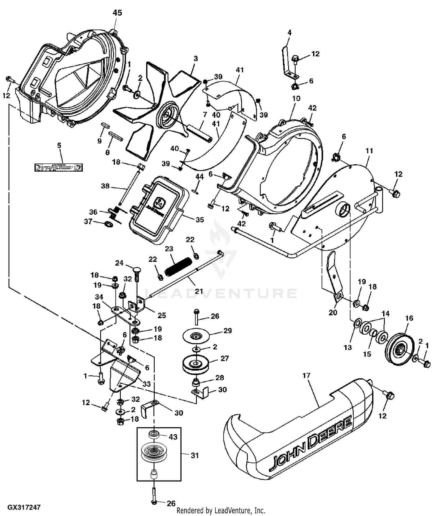 John Deere Power Flow Blower Assembly (48C Mower) -PC9146 Jacksheave,Idlers  & Belt,48C: Two-Bag Powerflow Material Collection System