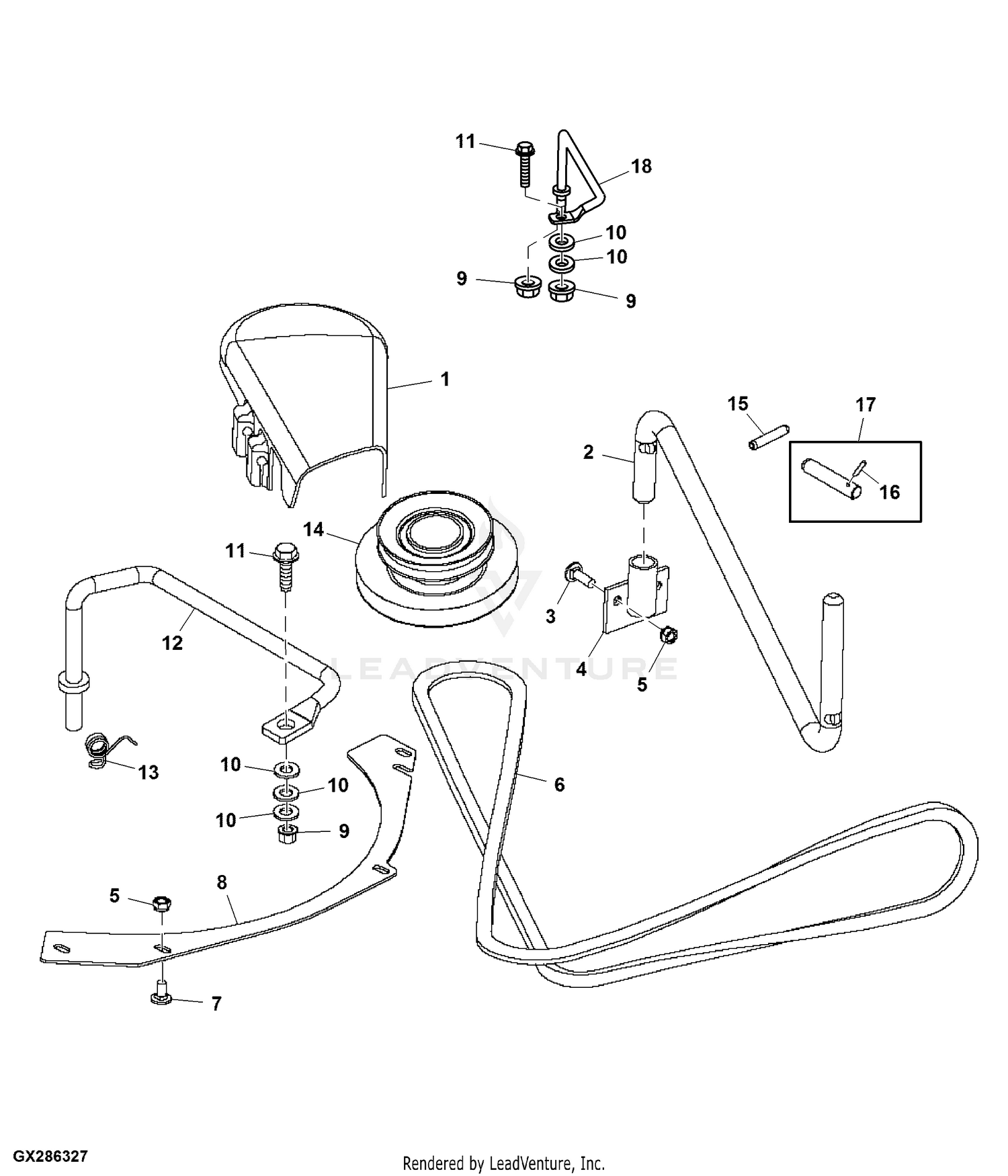 John Deere Power Flow Blower Assembly (62C Mower) -PC9146 Jacksheave,Idlers  & Belt,54 inch: Three-Bag Powerflow Material Collection