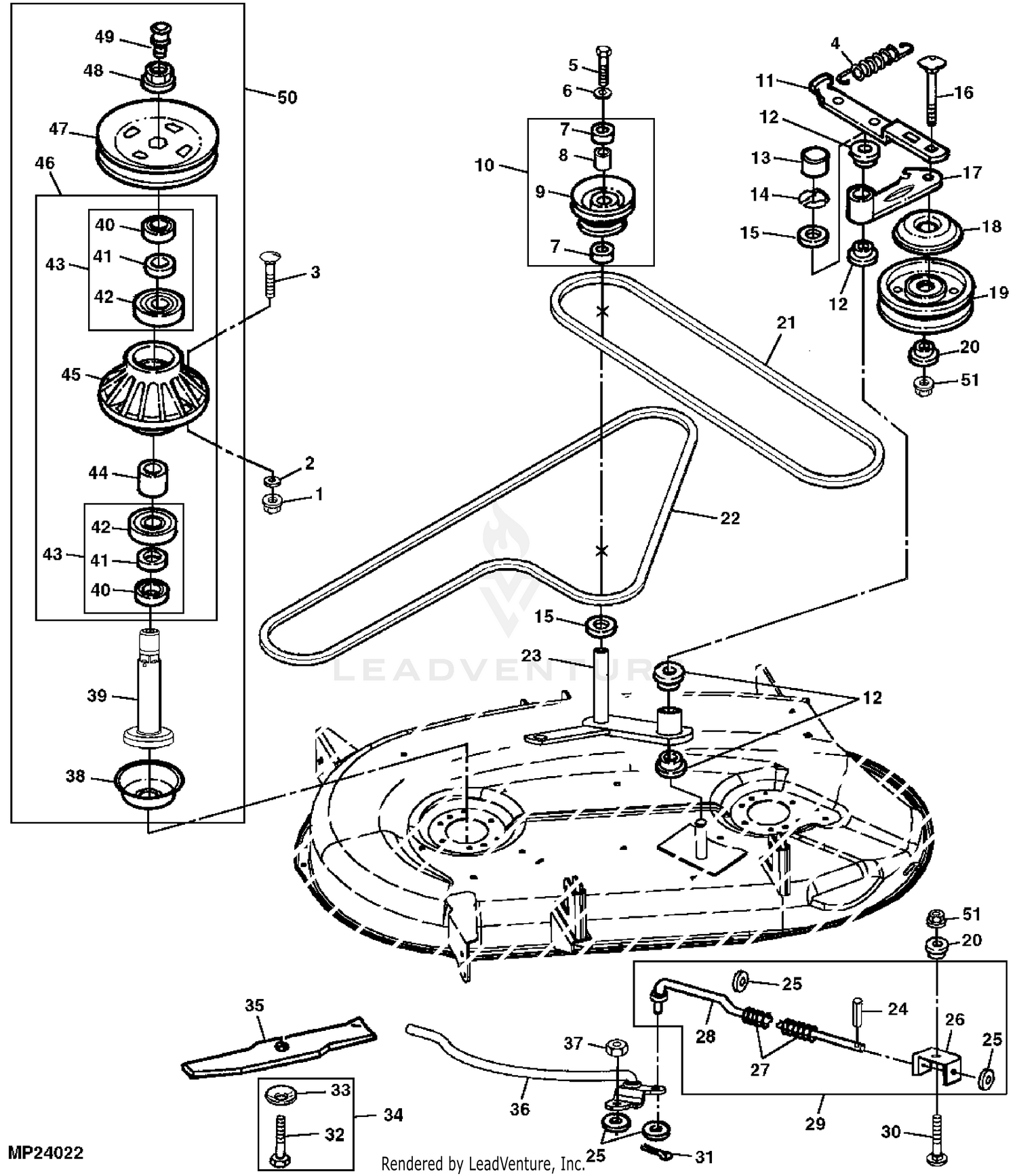 John Deere Power Flow Blower Assembly (62C Mower) -PC9146 Jacksheave,Idlers  & Belt,54 inch: Three-Bag Powerflow Material Collection