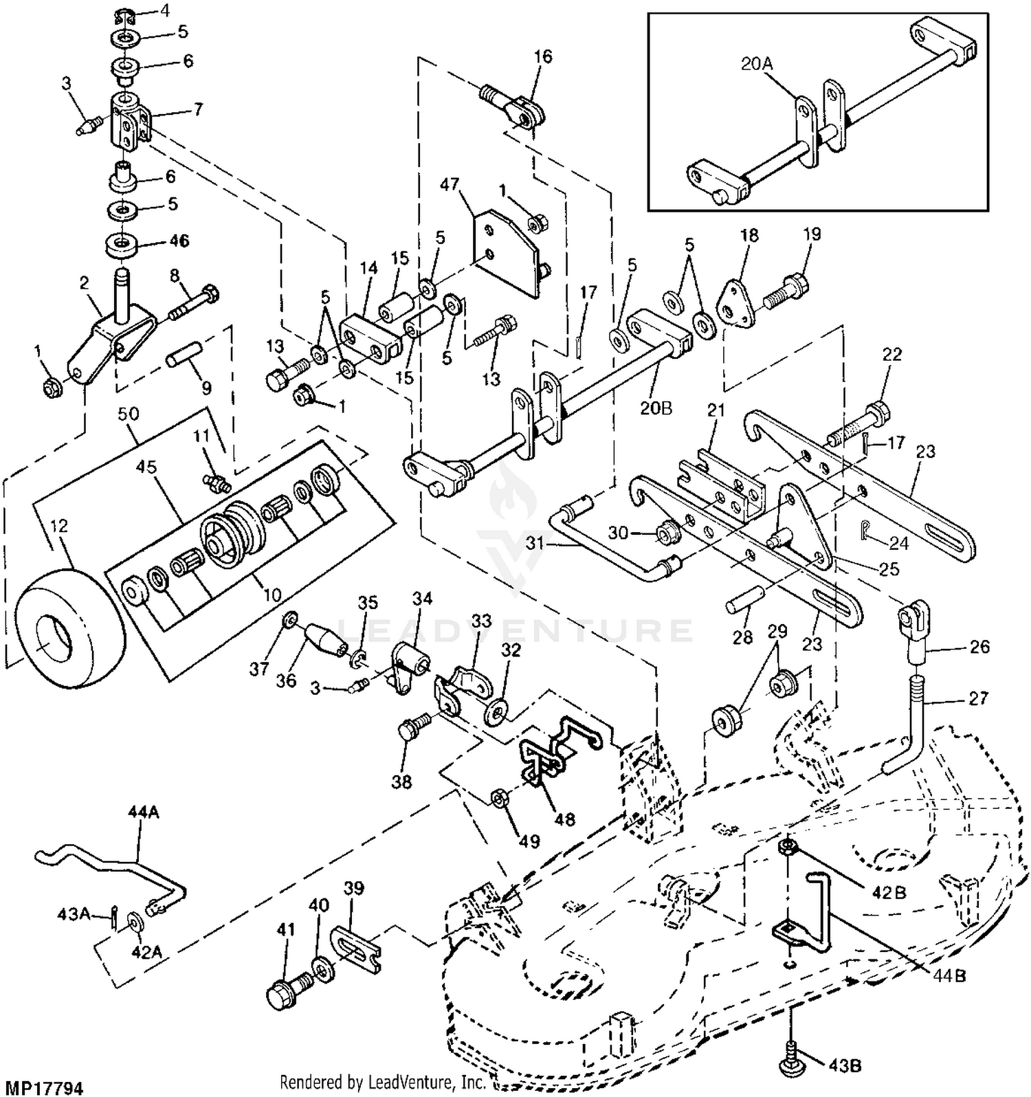 John Deere 48 Inch Commercial Walk Behind Mower 2 Wheel Sulky Steerable Not Shown PC10388 Mower Deck Lift Linkage Caster Wheels 48 inch 030000 Mower Deck And Lift Assembly 48 inch