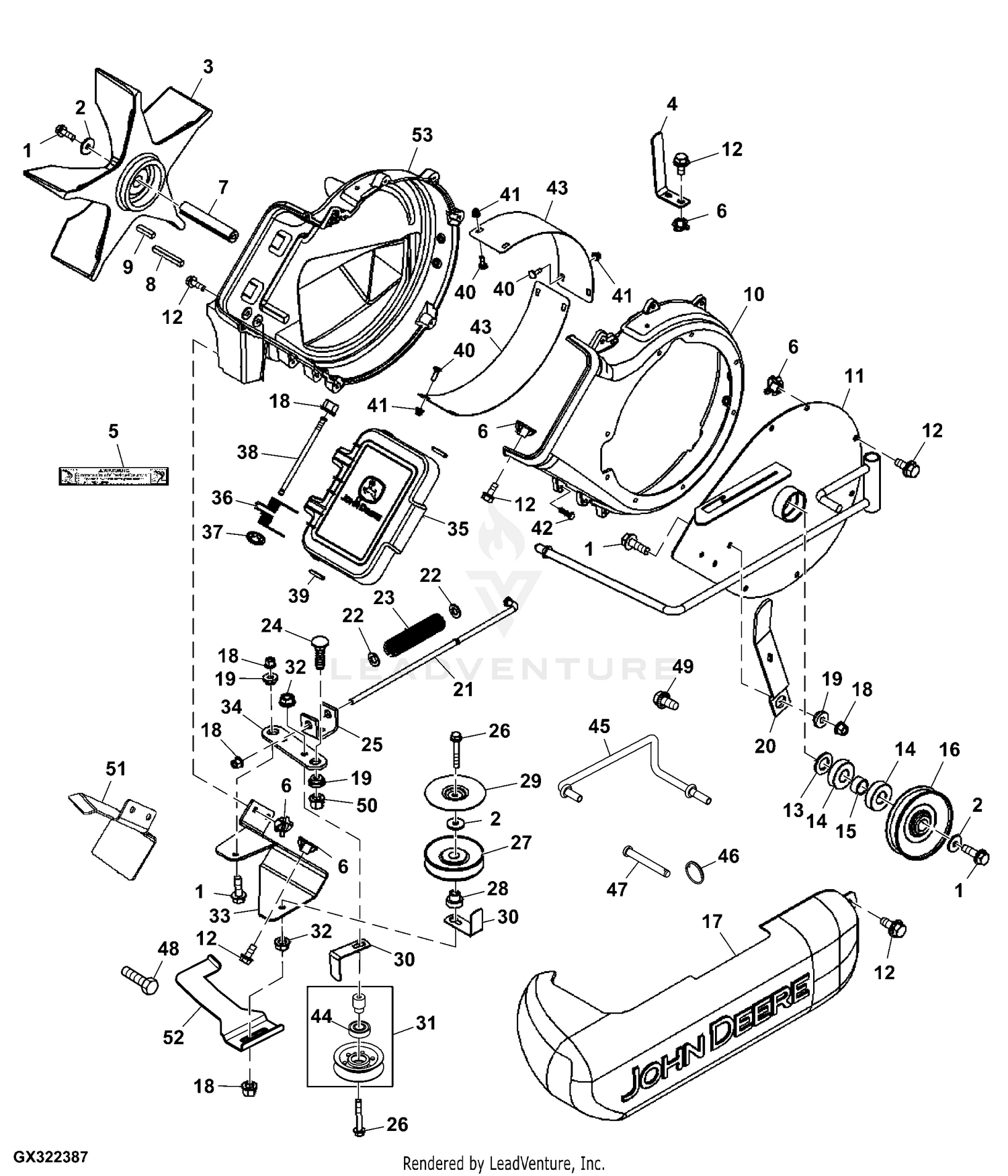 John Deere Power Flow Blower Assembly (54C Mower) -PC9146 Jacksheave,Idlers  & Belt,62C: Three-Bag Powerflow Material Collection