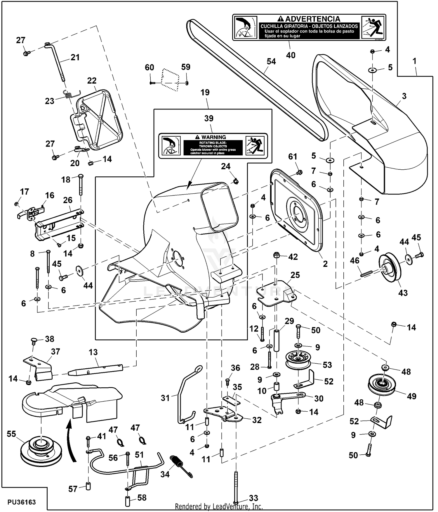 John Deere Power Flow Blower Assembly (48C Mower) -PC9146 Jacksheave,Idlers  & Belt,48C: Two-Bag Powerflow Material Collection System