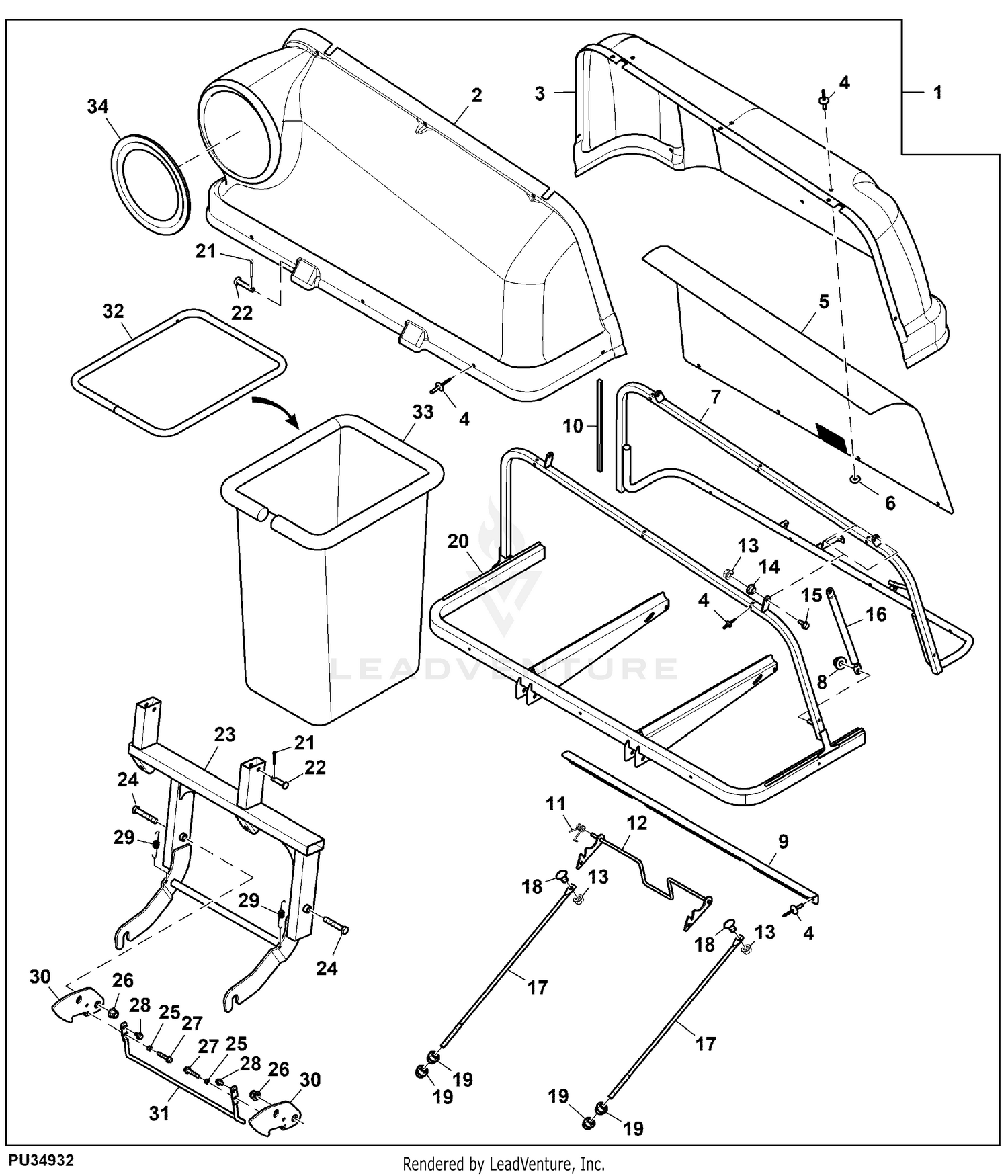 John Deere Power Flow Blower Assembly (54C Mower) -PC9146 Jacksheave,Idlers  & Belt,62C: Three-Bag Powerflow Material Collection