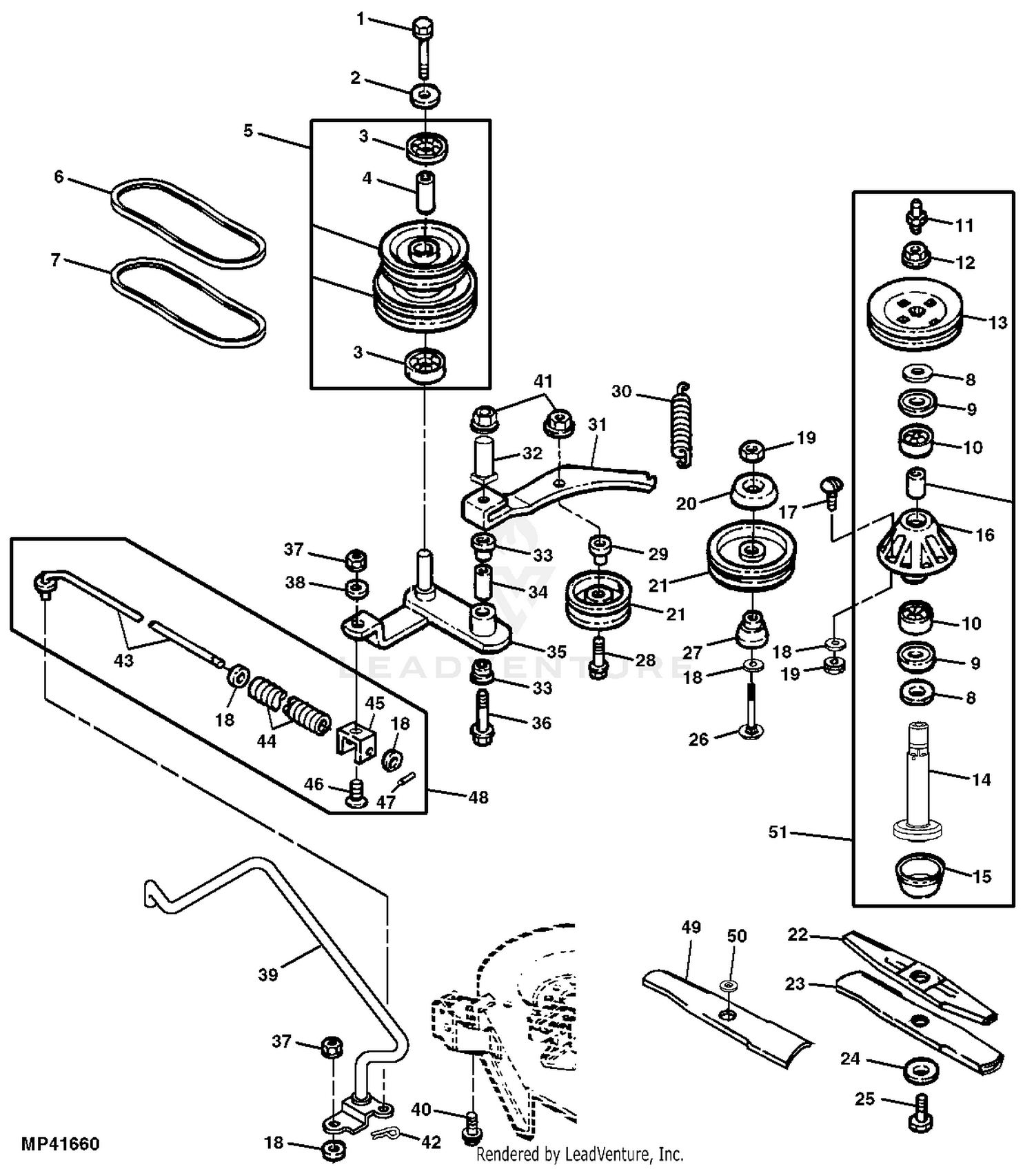 John Deere Power Flow Blower Assembly (54C Mower) -PC9146 Jacksheave,Idlers  & Belt,62C: Three-Bag Powerflow Material Collection