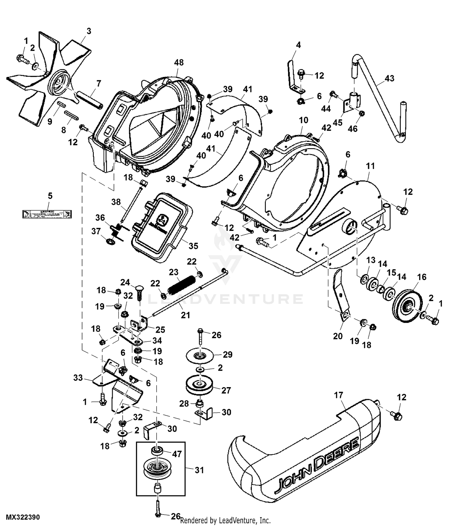 John Deere Power Flow Material Collection System (46-IN Mower Deck) -PC2111  JACKSHEAVE,IDLERS & BRACKETS YELLOW MOWER DECK: POWER FLOW BLOWER ASSEMBLY  46 MOWER