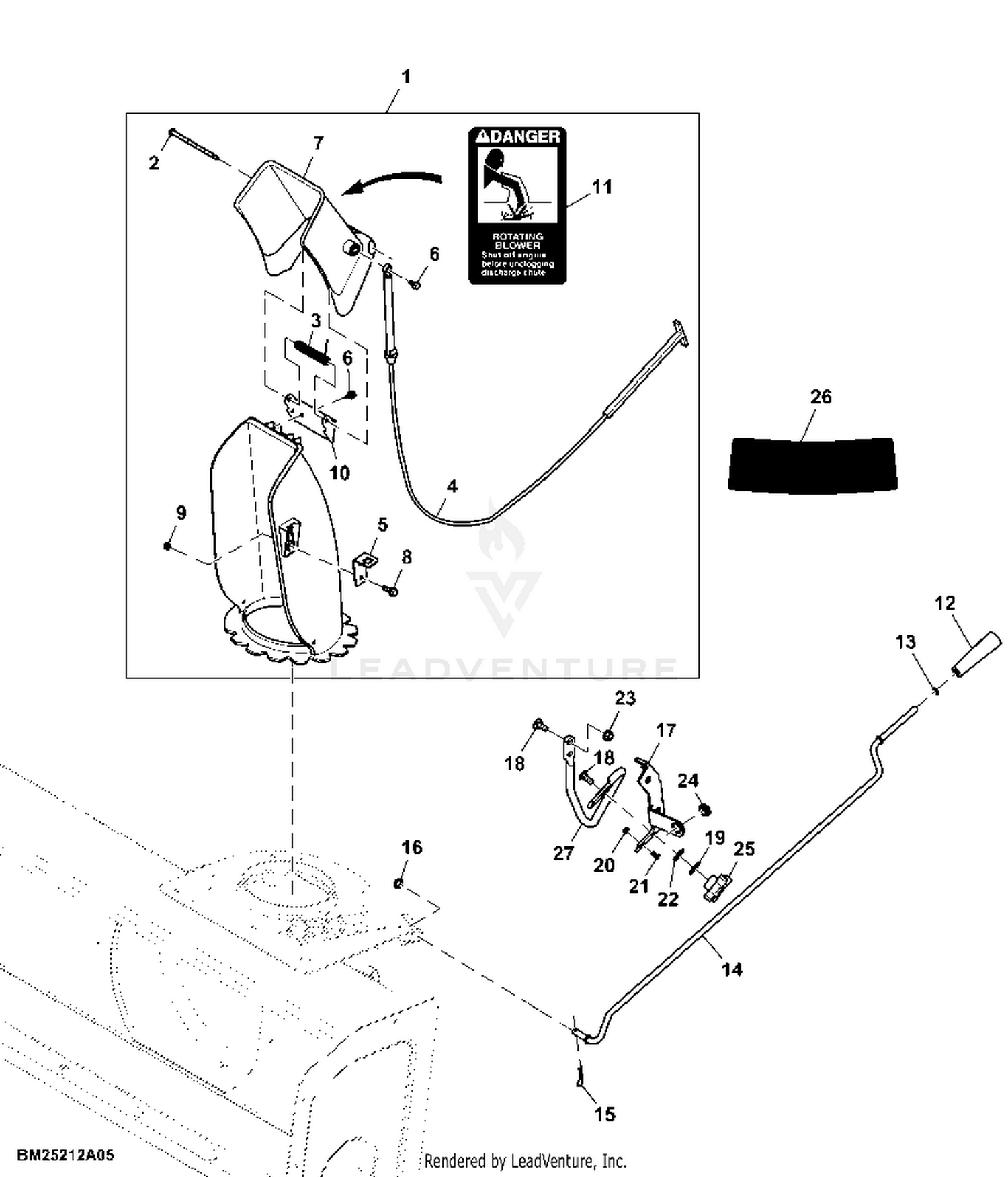 John Deere X300 Tractor Select Series 48X inch Mower Deck PC9519 Chute Deflector Controls Snowblower 44