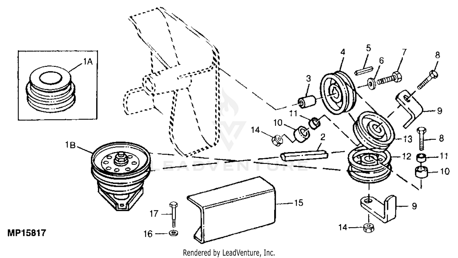 John Deere Power Flow Material Collection System (60-IN Mower Deck) -PC2111  JACKSHEAVE,IDLERS & BELT: POWER FLOW BLOWER ASSEMBLY 38 MOWER