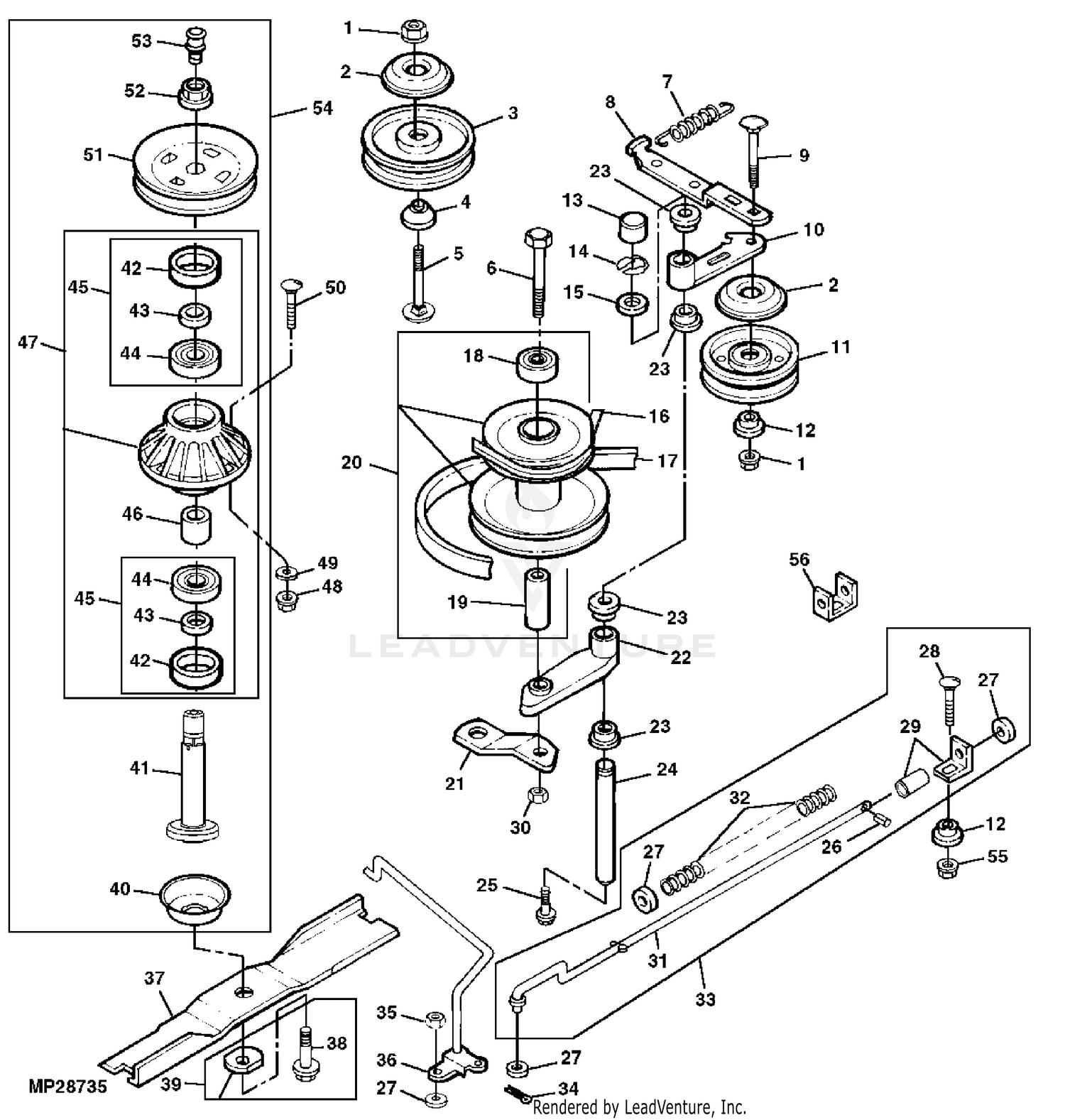 John Deere Power Flow Blower Assembly (62C Mower) -PC9146 Jacksheave,Idlers  & Belt,54 inch: Three-Bag Powerflow Material Collection