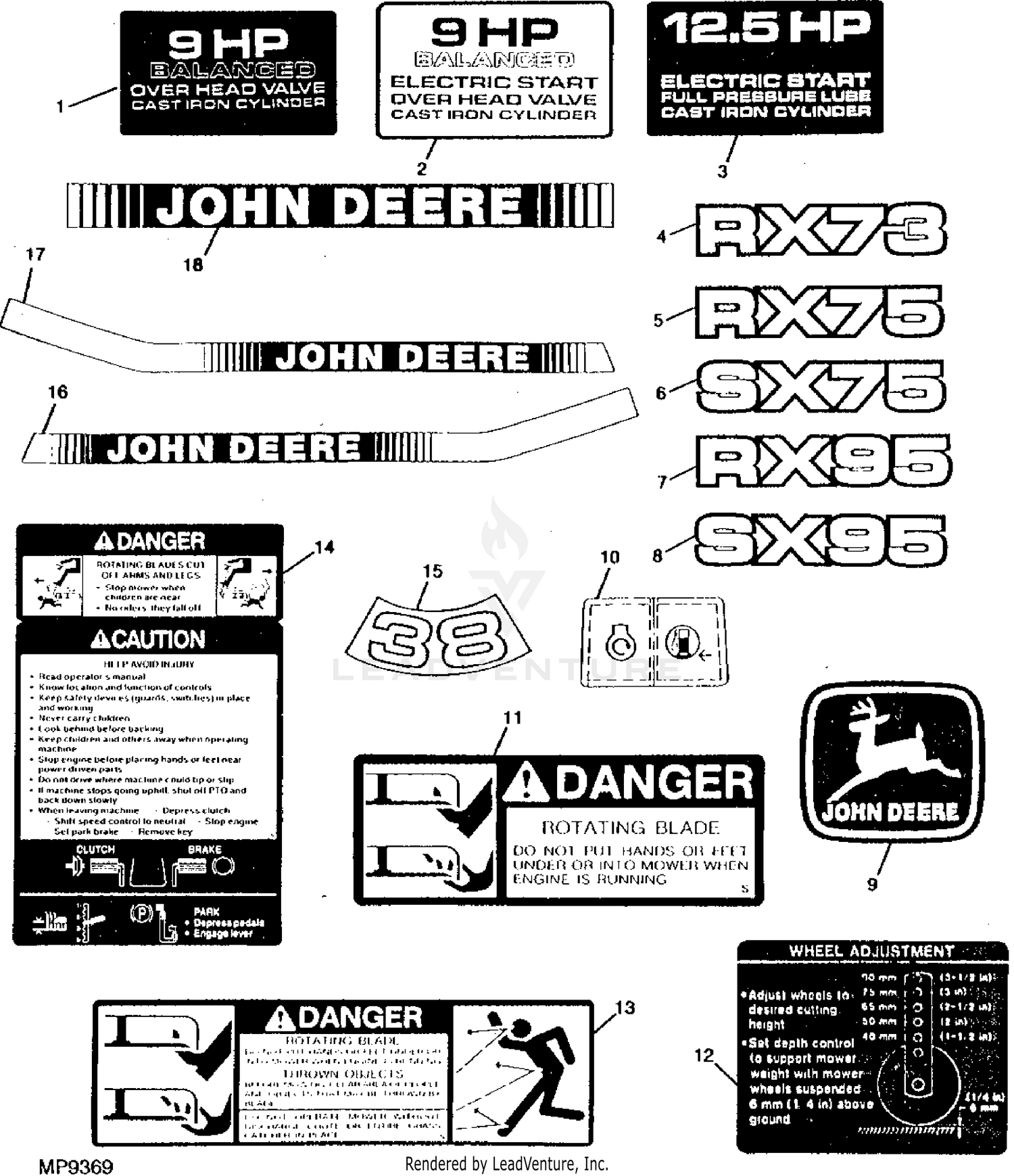 John Deere Rx75 Riding Mower 9 H P Electric Start Pc2106 Decals Rx73 Rx75 Rx95 Sx75 Sx95 Wheels Nonpowered Axles Sheet Metal Operator S Station