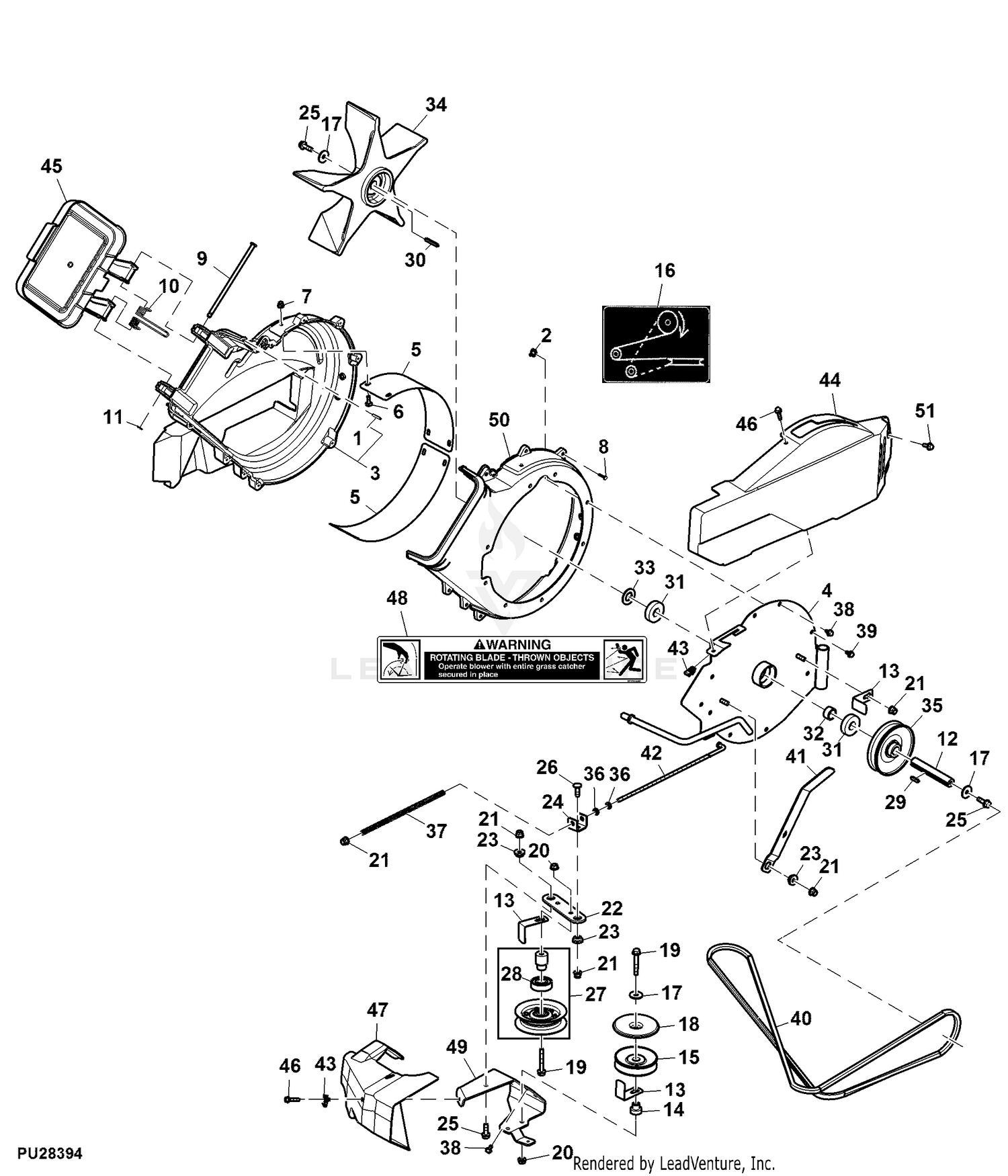 John Deere Power Flow Blower Assembly (48C Mower) -PC9146 Jacksheave,Idlers  & Belt,48C: Two-Bag Powerflow Material Collection System