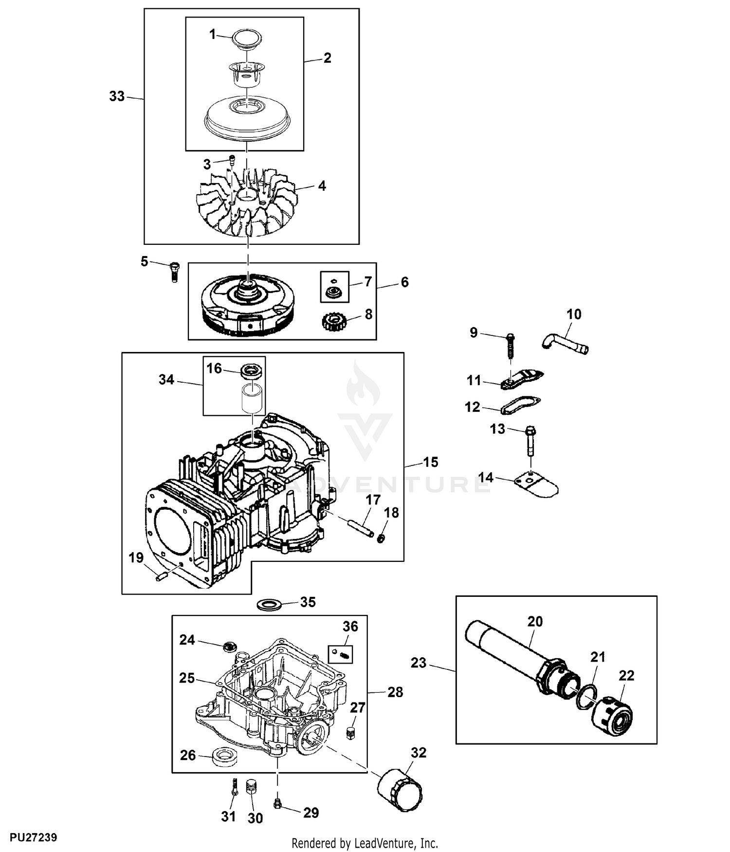 John Deere LA115 Tractor Material Collection System PC9741 Crankcase ENGINE GU20643 GU20646