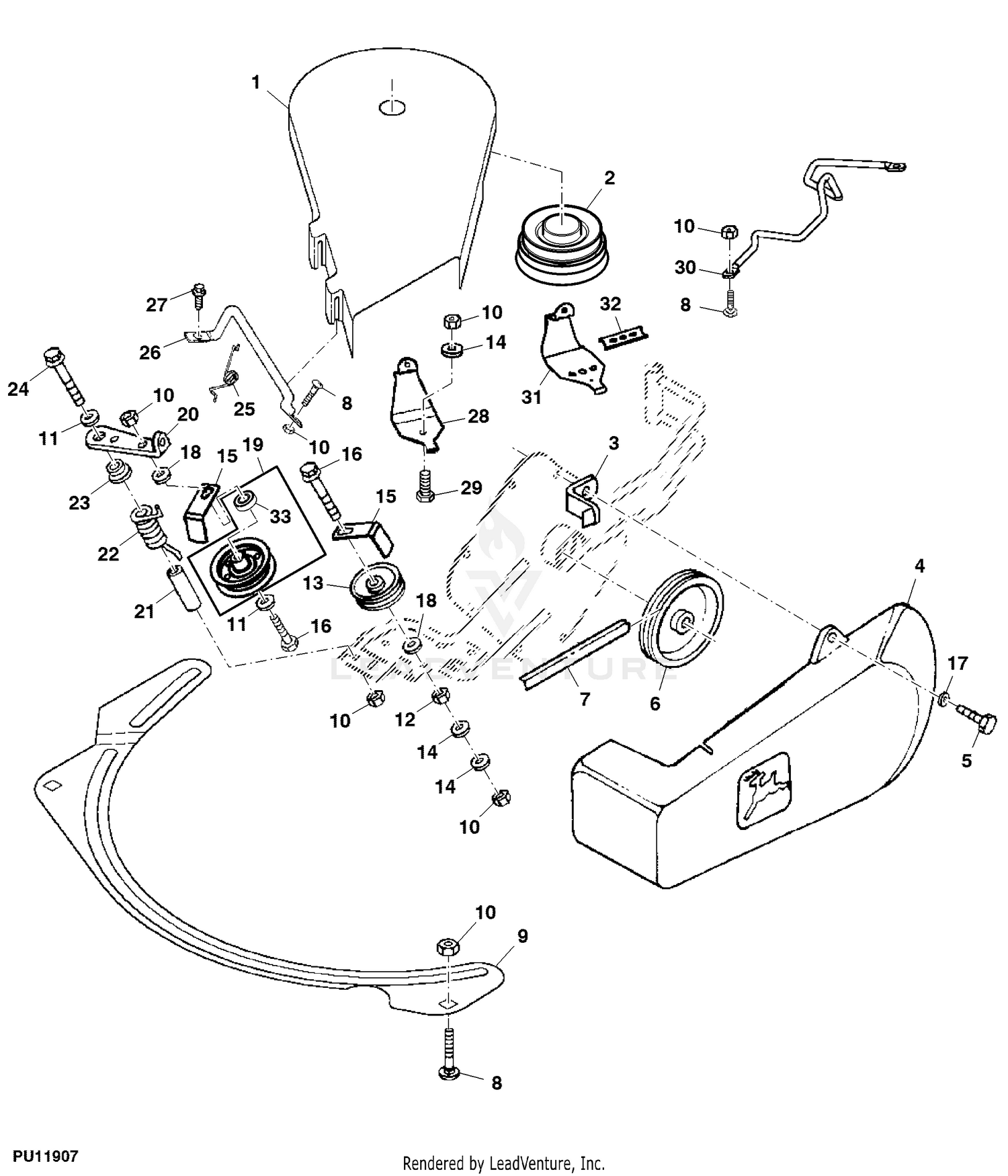 John Deere Power Flow Material Collection System (60-IN Mower Deck) -PC2111  JACKSHEAVE,IDLERS & BELT: POWER FLOW BLOWER ASSEMBLY 38 MOWER