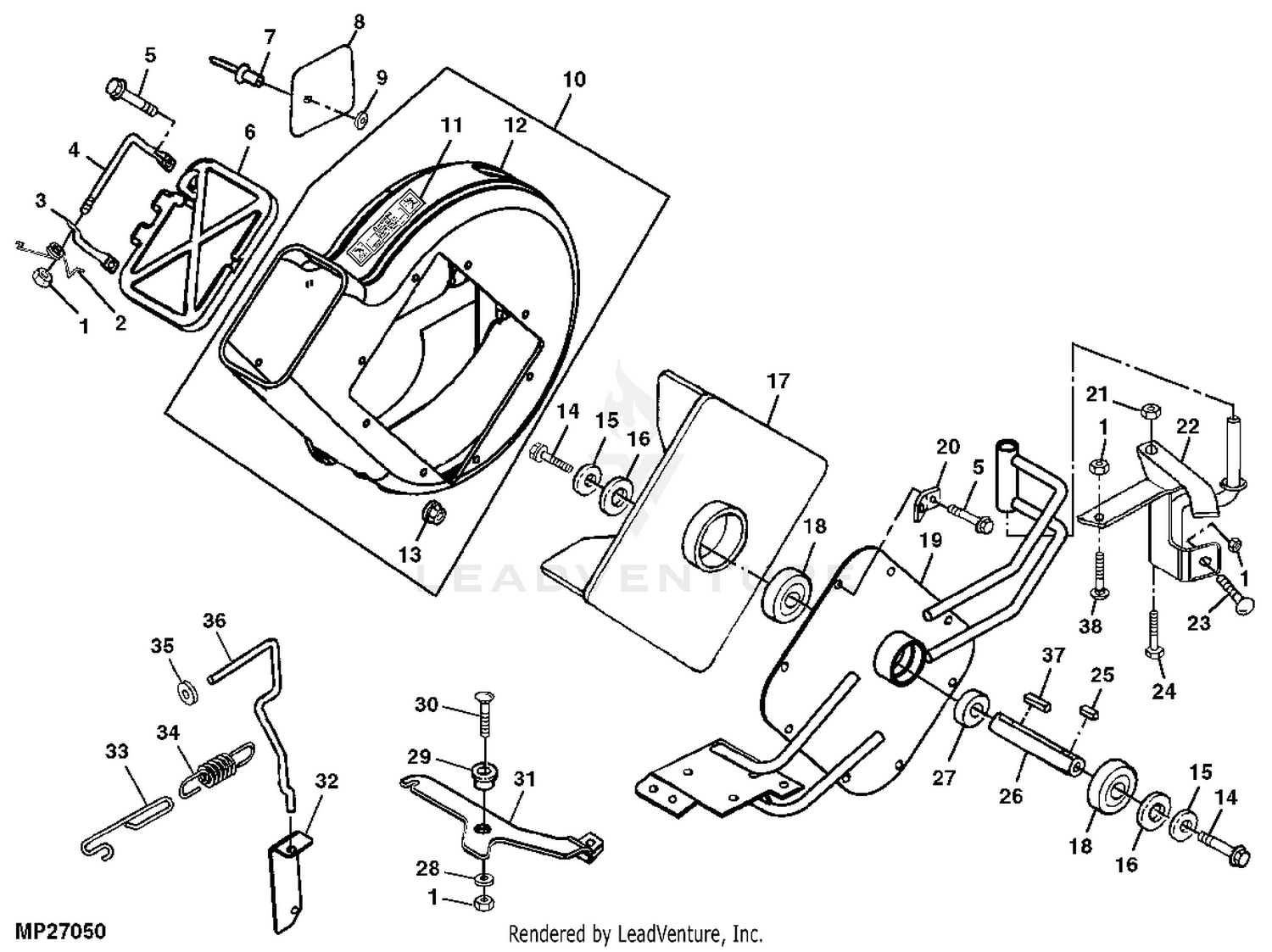 John Deere Power Flow Blower Assembly (54C Mower) -PC9146 Jacksheave,Idlers  & Belt,62C: Three-Bag Powerflow Material Collection