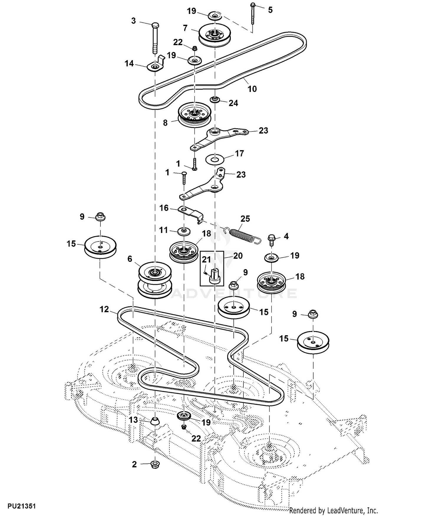 John Deere Power Flow Blower Assembly (54C Mower) -PC9146 Jacksheave,Idlers  & Belt,62C: Three-Bag Powerflow Material Collection