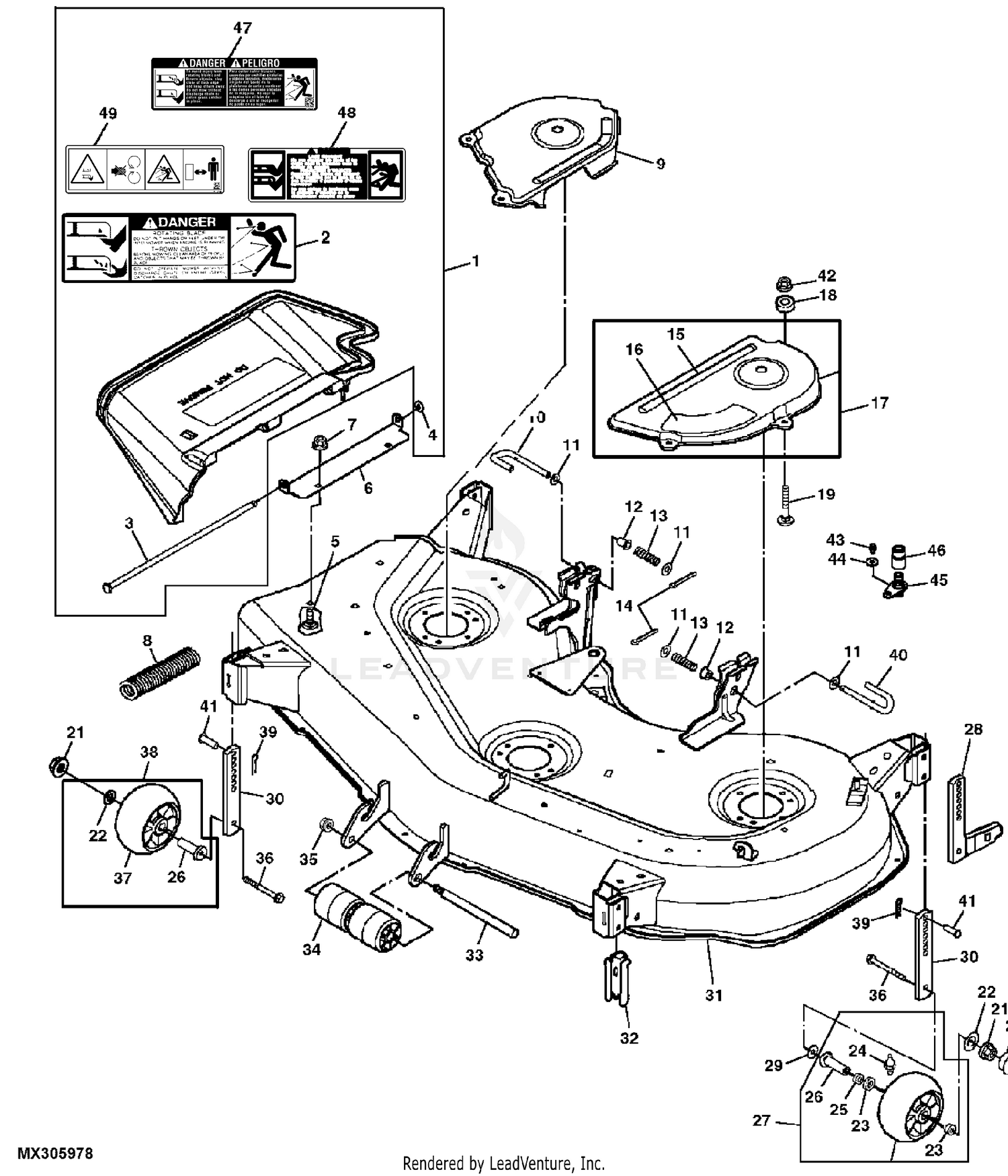 John Deere Power Flow Blower Assembly (62C Mower) -PC9146 Jacksheave,Idlers  & Belt,54 inch: Three-Bag Powerflow Material Collection