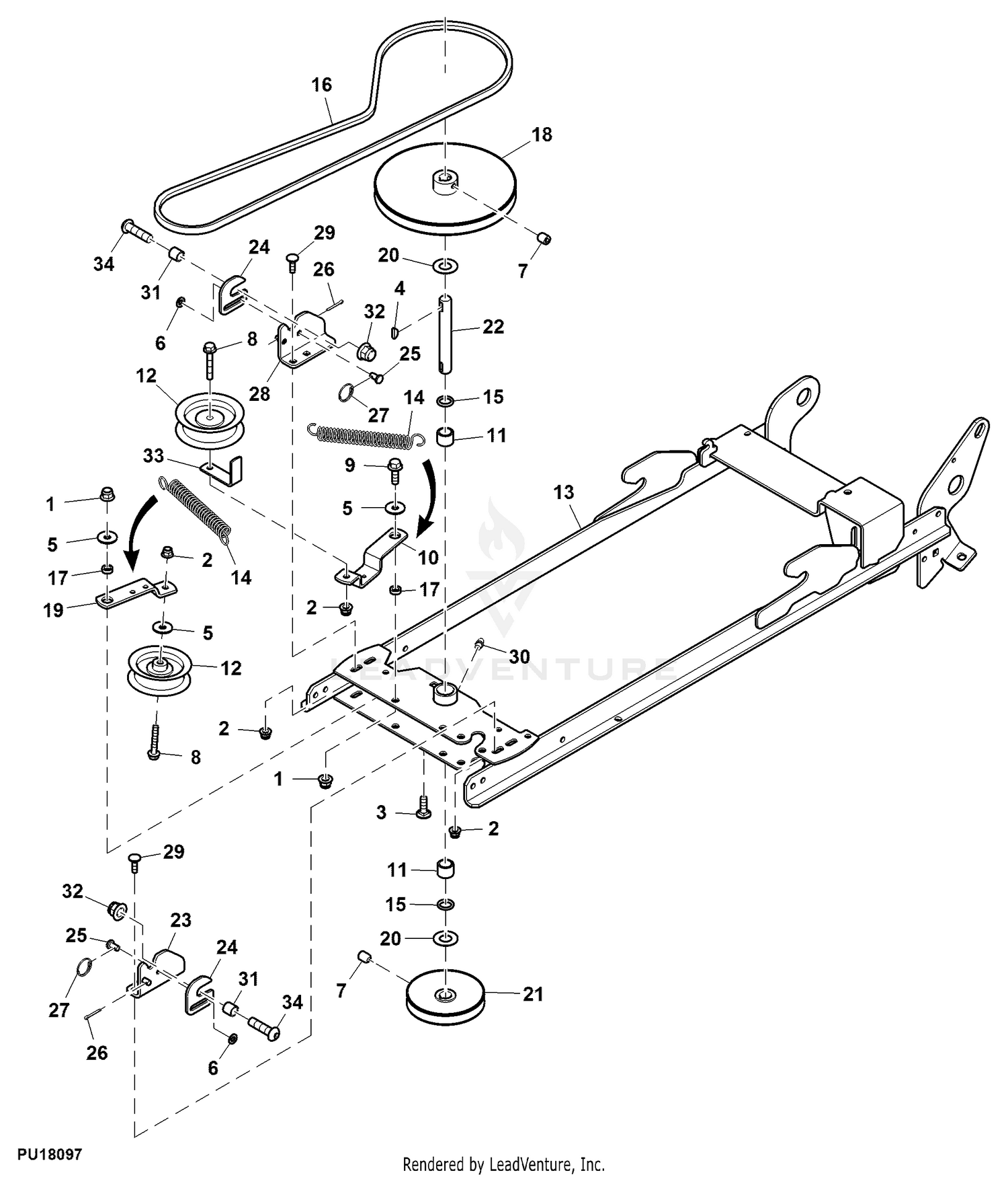 John Deere Power Flow Blower Assembly (62C Mower) -PC9146 Jacksheave,Idlers  & Belt,54 inch: Three-Bag Powerflow Material Collection