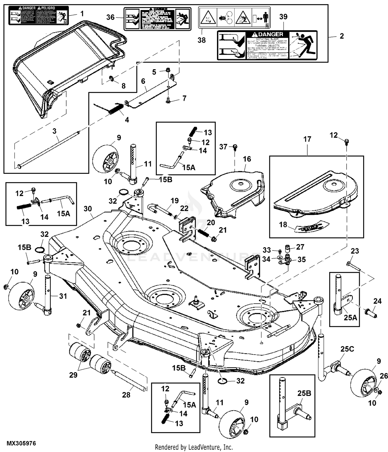 John Deere Power Flow Blower Assembly (62C Mower) -PC9146 Jacksheave,Idlers  & Belt,54 inch: Three-Bag Powerflow Material Collection