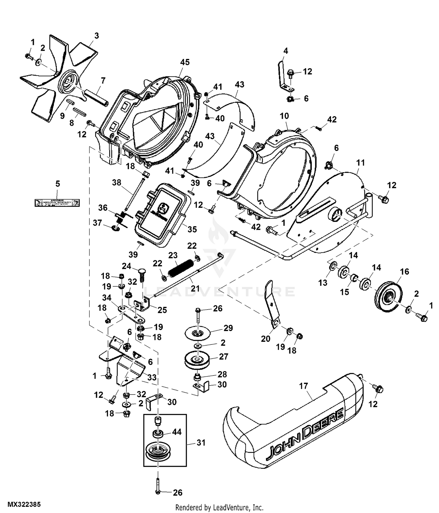 John Deere Power Flow Material Collection System (50-IN Mower Deck) -PC2111  Jacksheave,Idlers / Brackets: POWER FLOW BLOWER ASSEMBLY 50 MOWER