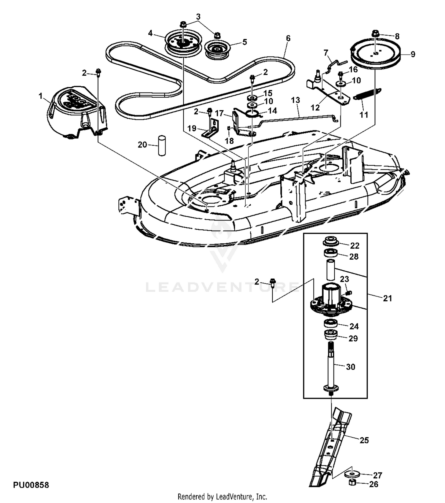 John Deere LA100 Tractor Material Collection System PC9630 MOWER DRIVE BELT SHEAVES SPINDLES BLADES MOWER DECK AND LIFT LINKAGE