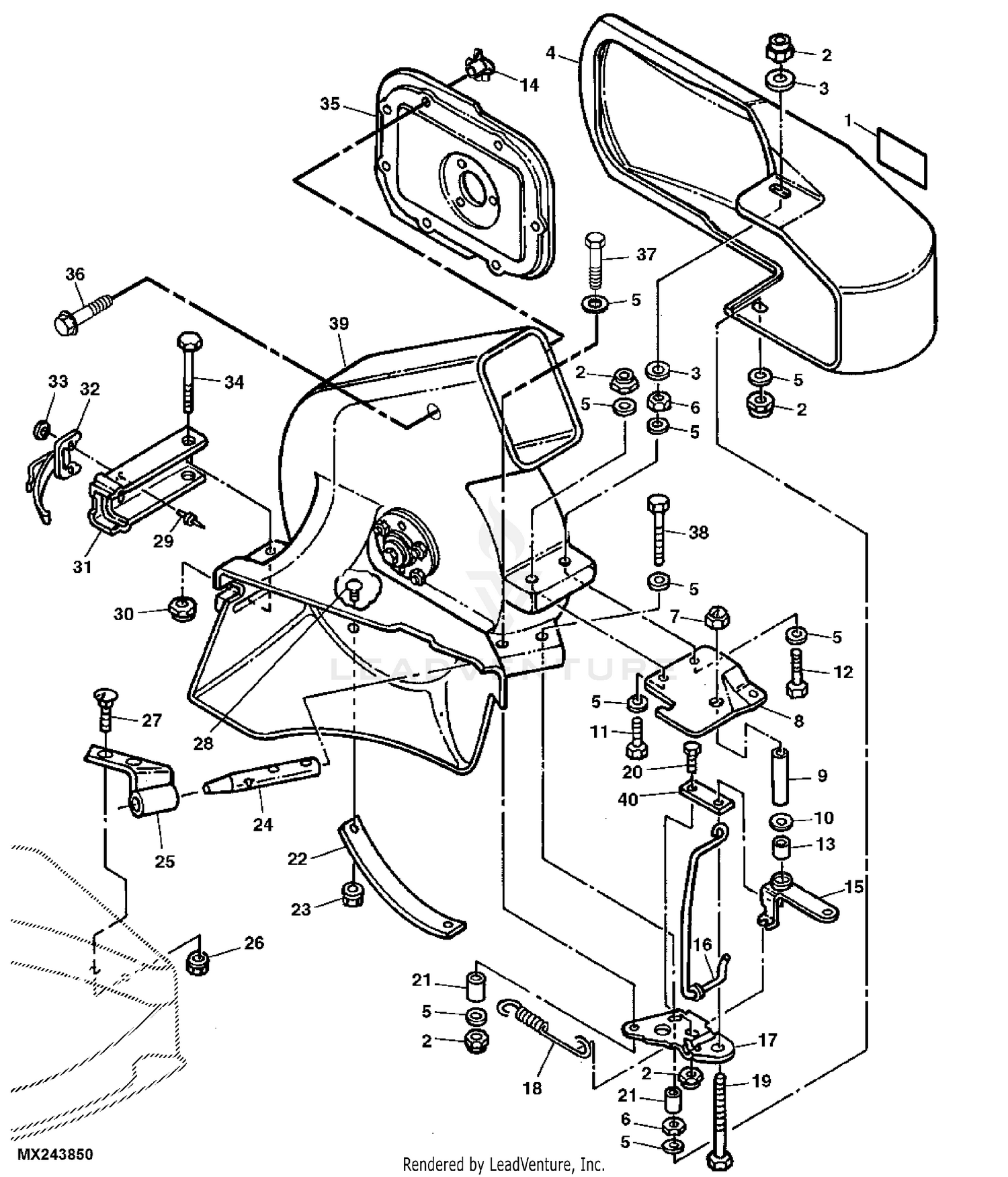 John Deere Power Flow Material Collection System (38-IN STX or LX) -PC2111  BLOWER HOUSING & BRACKETS: POWER FLOW BLOWER ASSEMBLY 46 MOWER